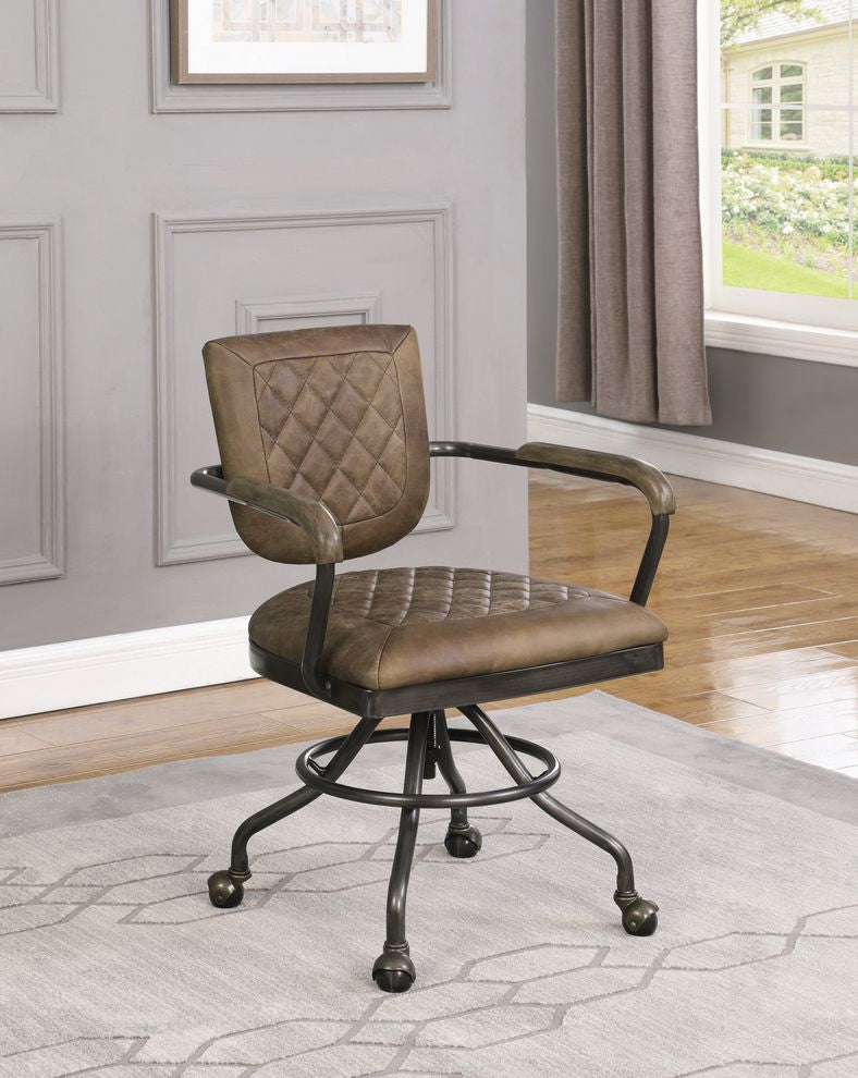 Office Chair In Antique Brown Top Grain Leather In Gun Metal Finish