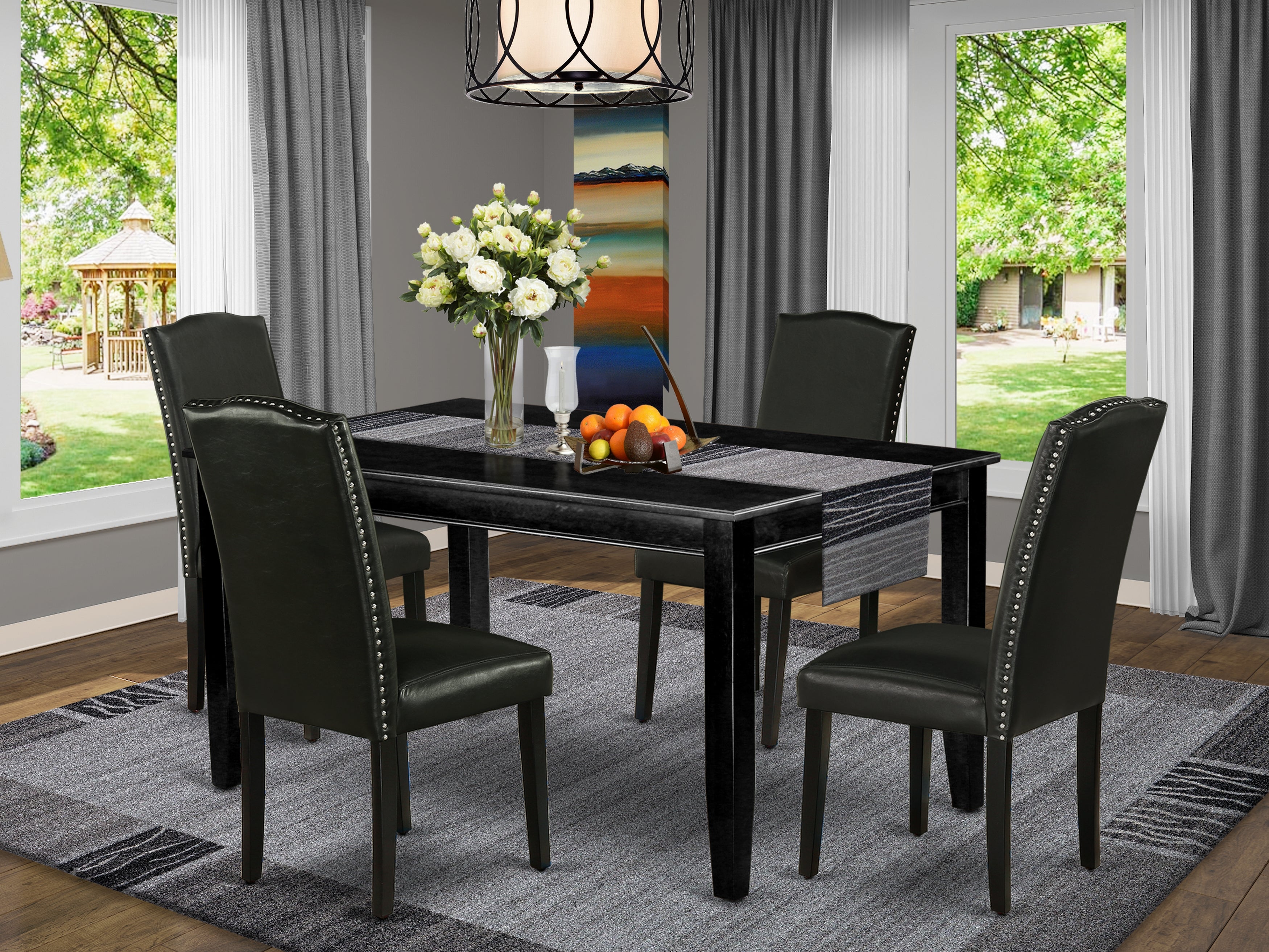 DUEN5-BLK-69 5Pc Rectangle 60 Inch Dining Table And Four Parson Chair With Black Leg And Pu Leather Color Black
