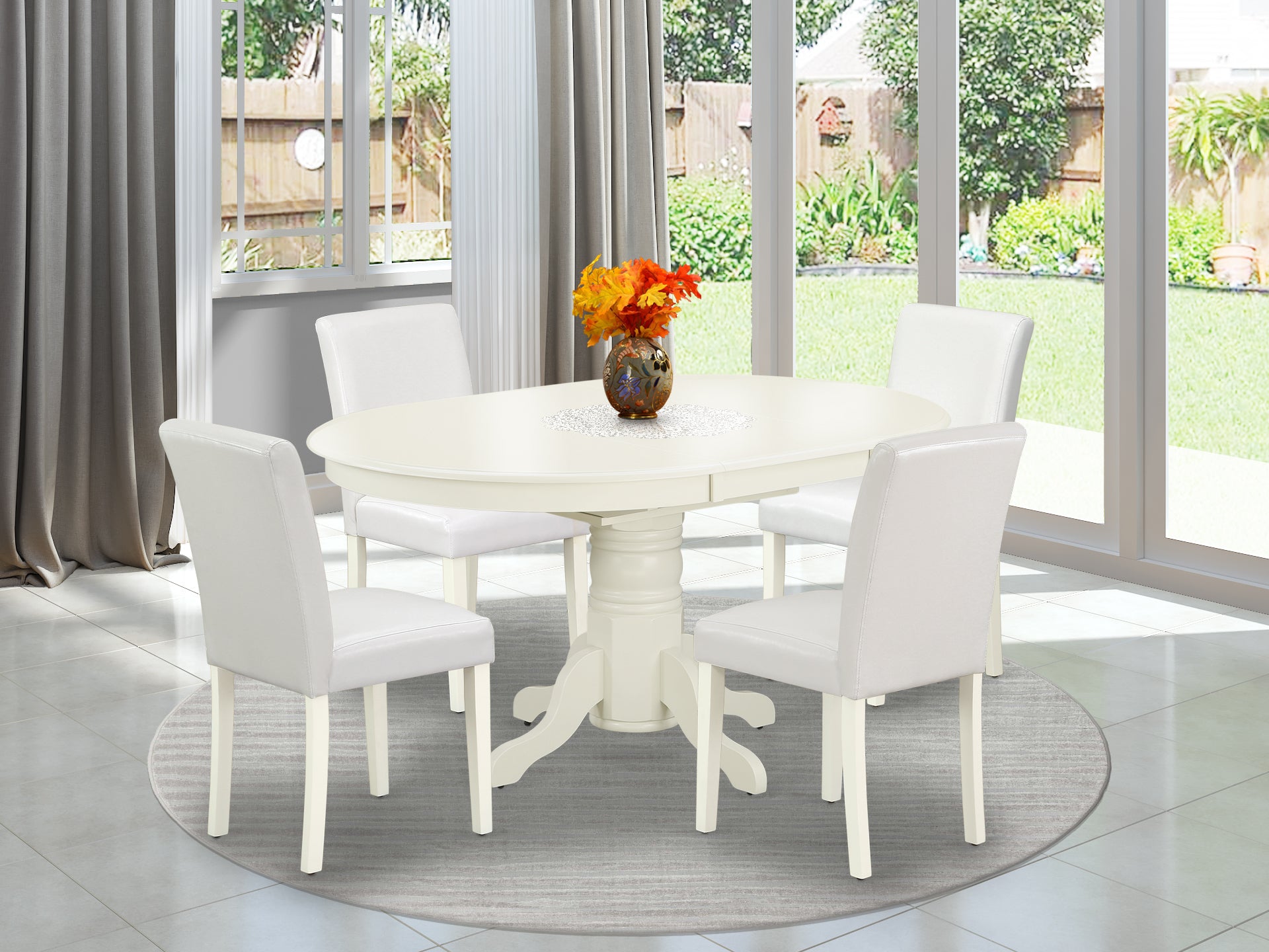 AVAB5-LWH-64 5Pc Oval 42/60" Table With 18 In Self Storing Butterfly Leaf And 4 Parson Chair With Linen White Leg And Pu Leather Color White