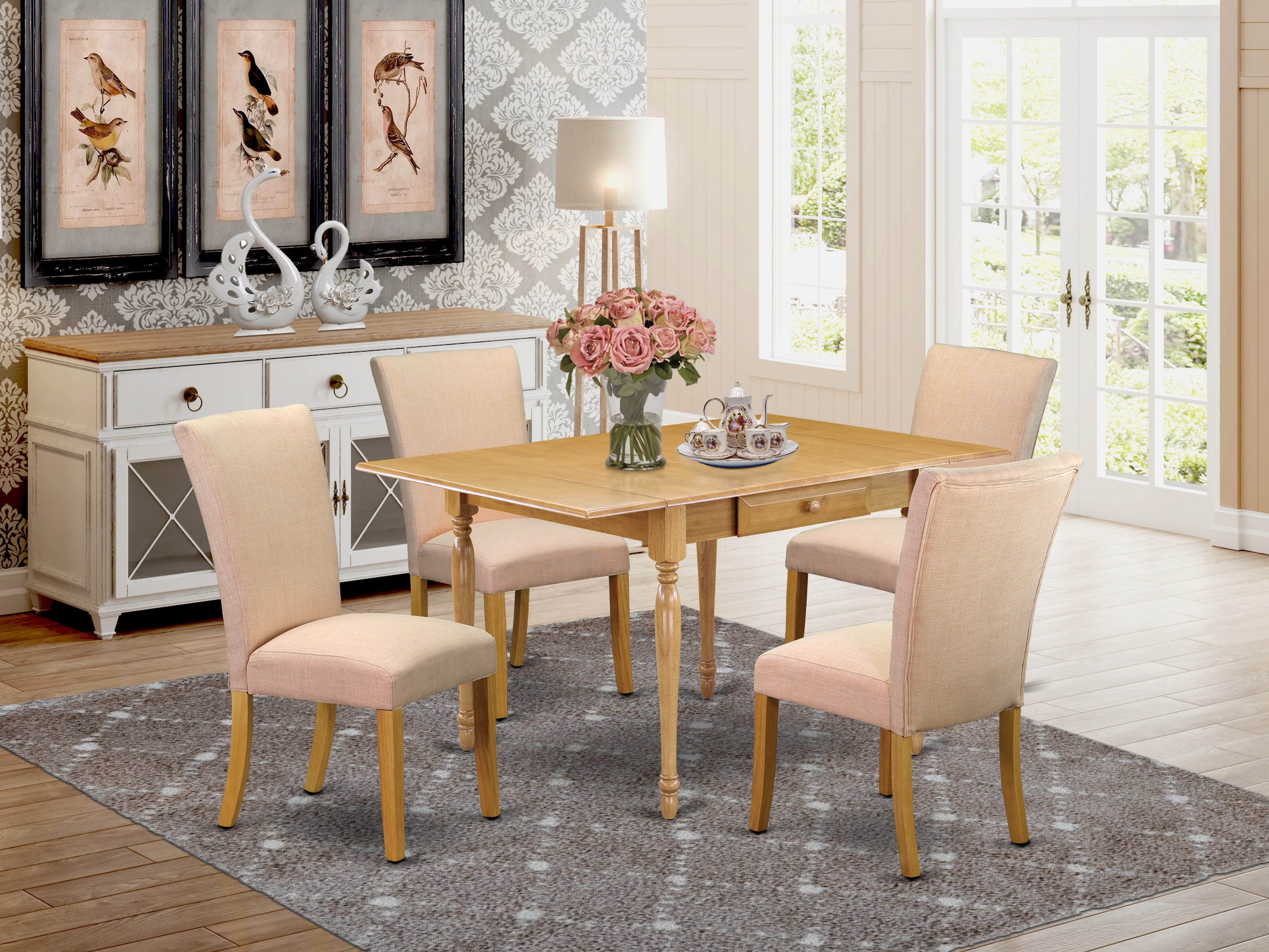East West Furniture MZAL5-OAK-03 5Pc Dining Table Set Includes a Kitchen Table and 4 Parsons Chairs with Dove Beige Color Linen Fabric, Drop Leaf Table with Full Back Chairs, Oak Finish