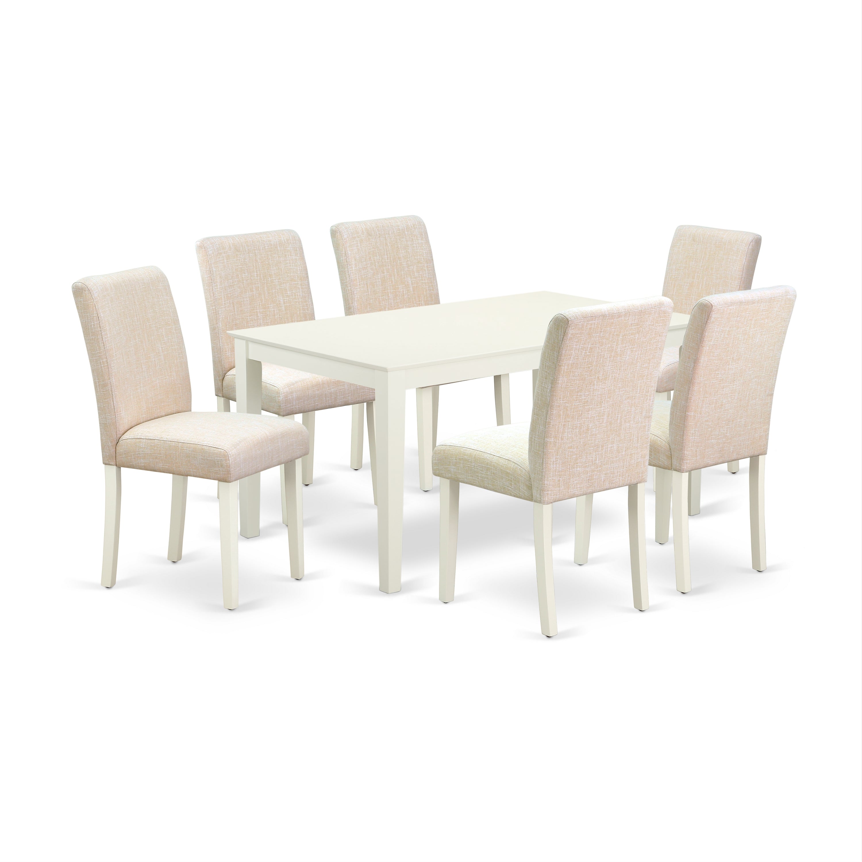 CAAB7-LWH-02 7Pc Rectangle 60" Dining Table And 6 Parson Chair With Linen White Leg And Linen Fabric Light Beige