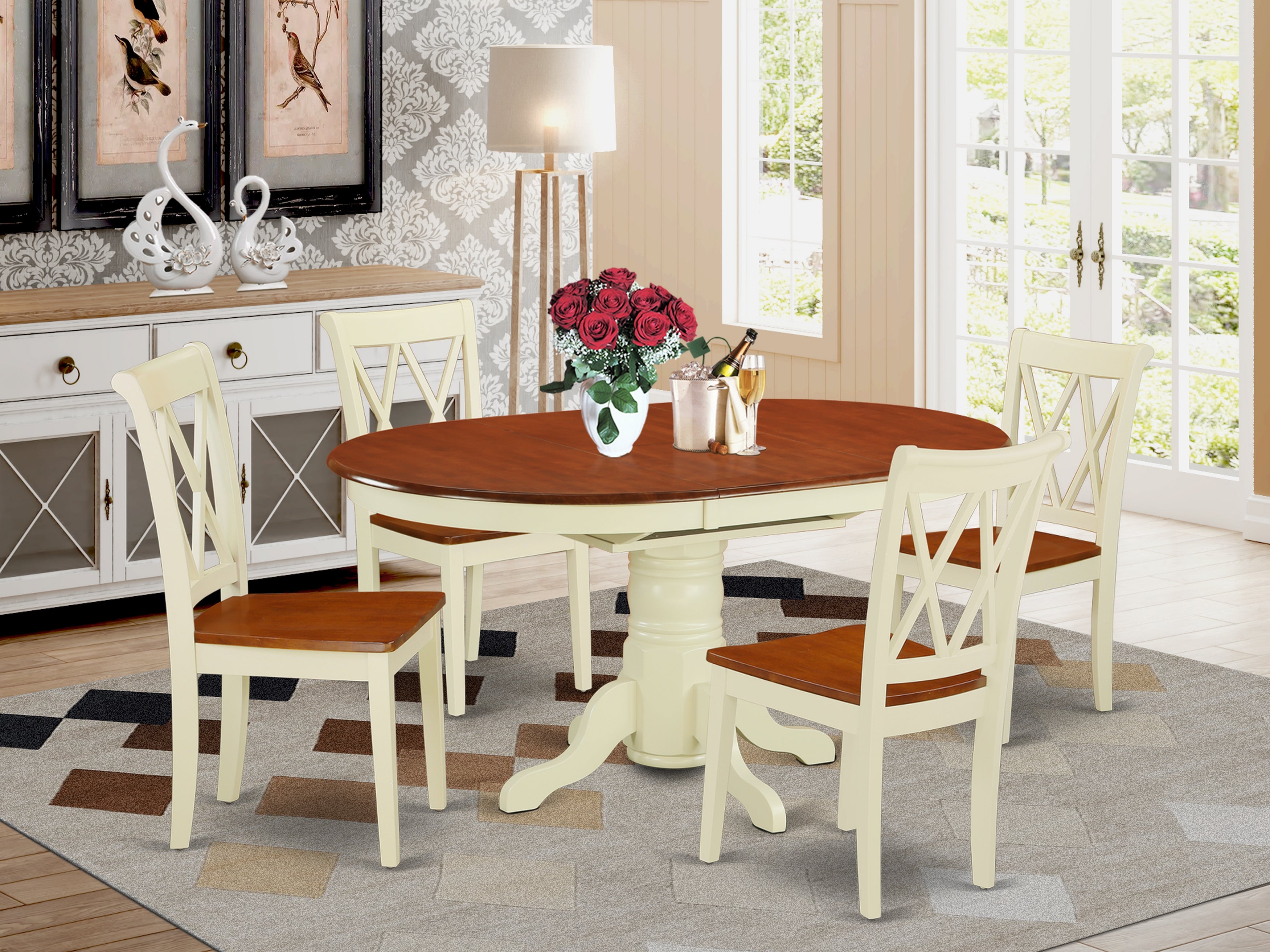 KECL5-BMK-W 5PC Oval 42/60 inch Table with 18 In Leaf and 4 Double X back Chairs