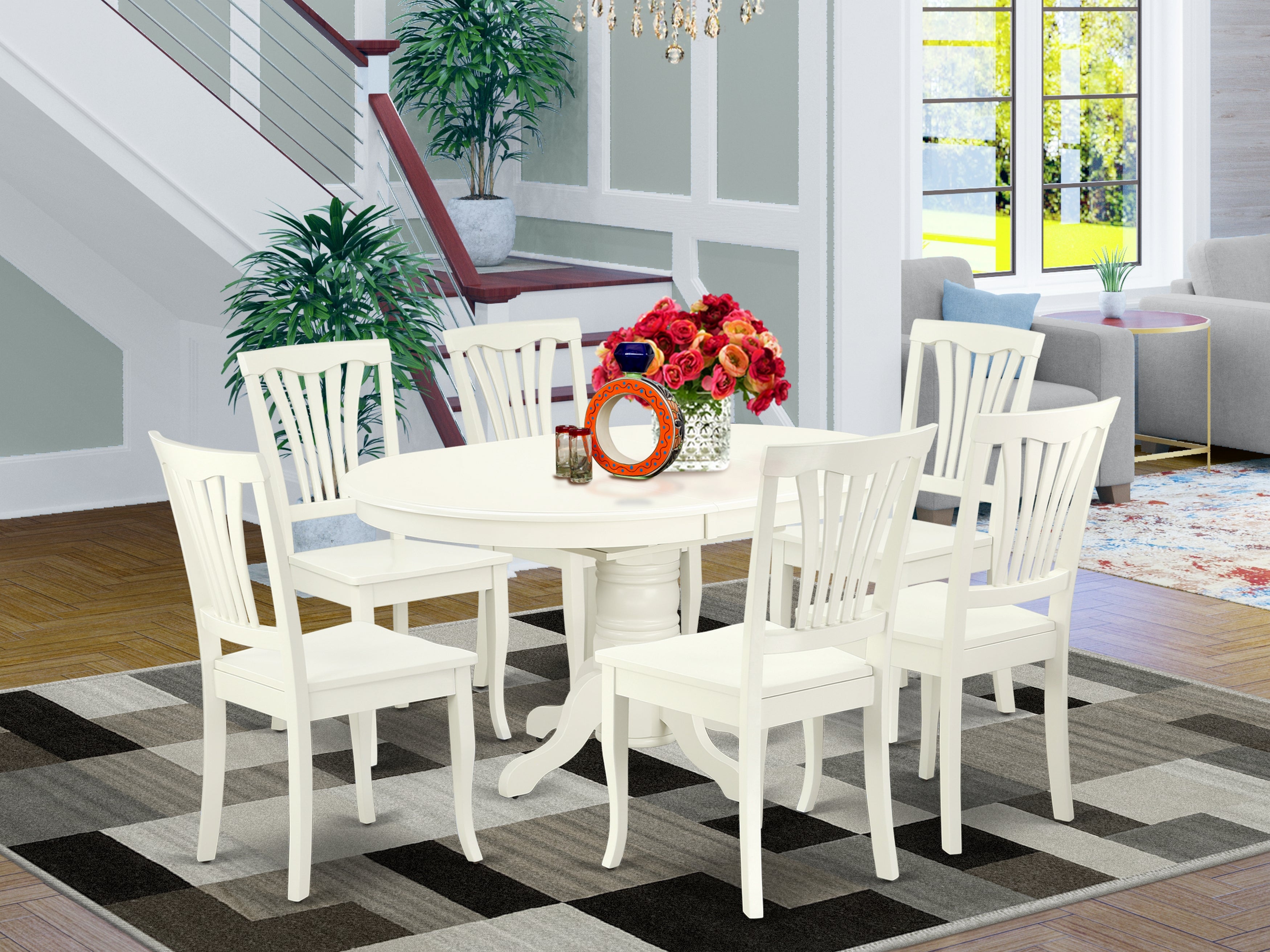 AVON7-LWH-W 7PC Oval 42/60 inch Table with 18 In Leaf and 6 vertical slatted Chairs