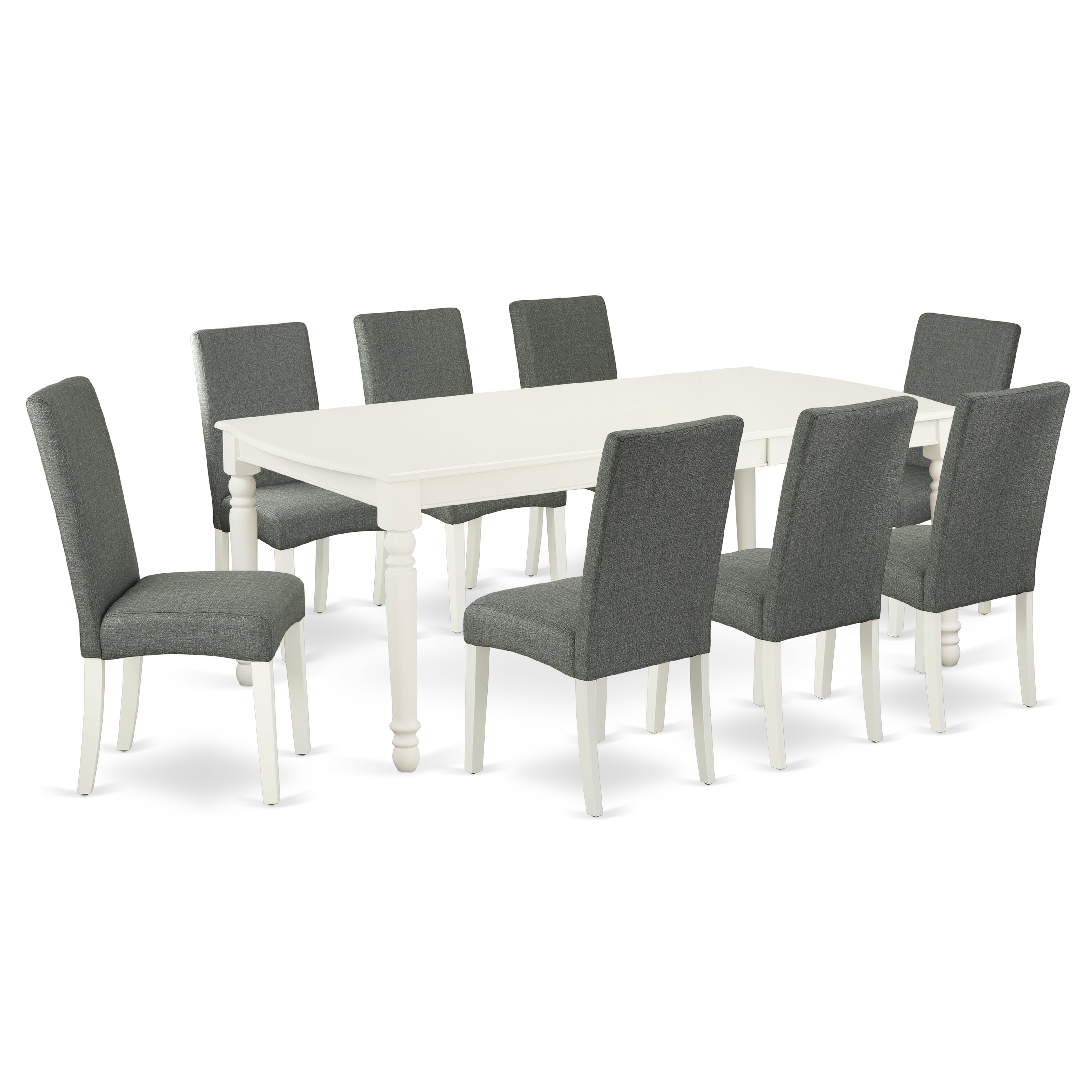 DODR9-LWH-07 9Pc Rectangle 60/78 Inch Dining Table With 18 In Leaf And 8 Parson Chair With Linen White Finish Leg And Linen Fabric- Gray Color
