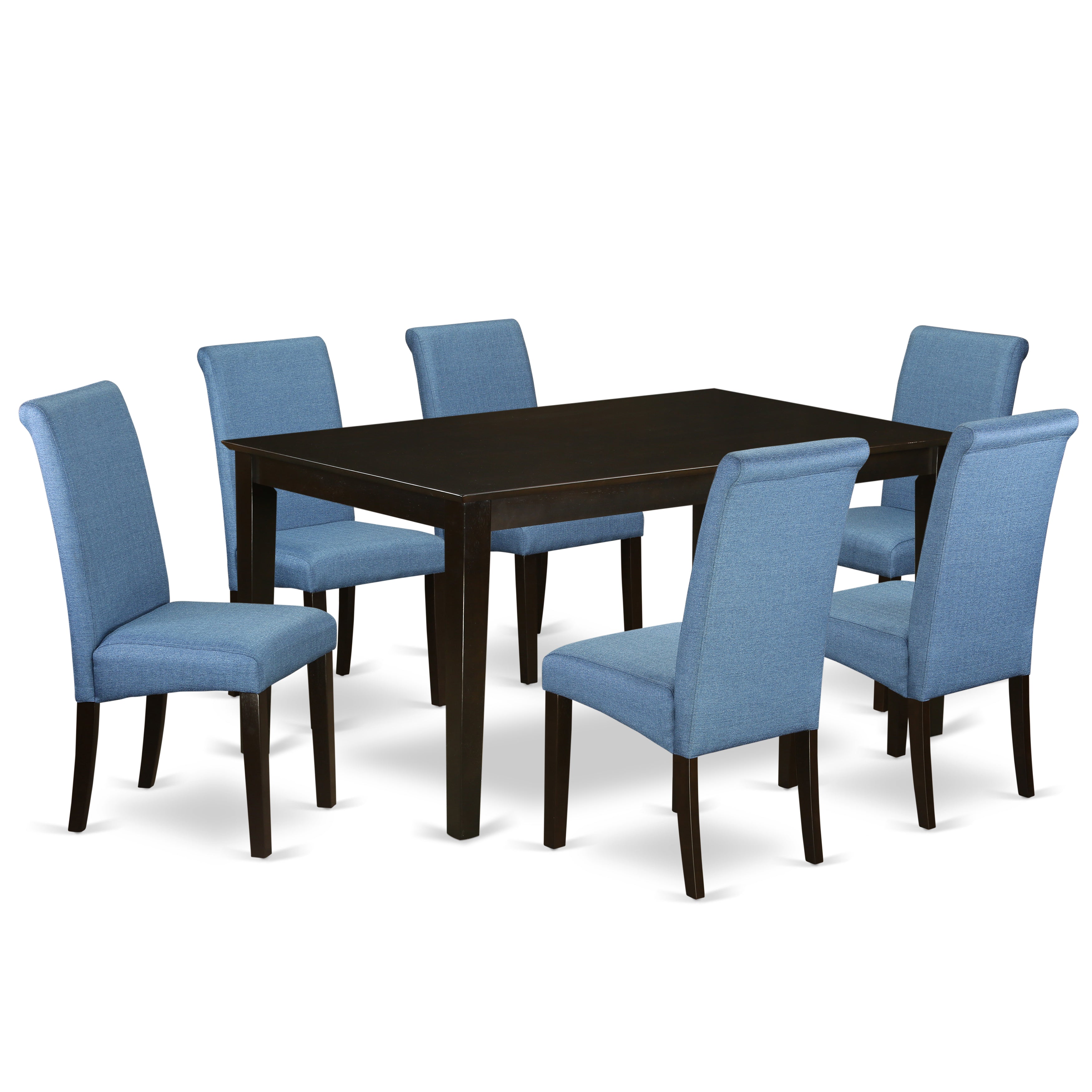 CABA7-CAP-21 7Pc Kitchen table with linen Blue fabric Parson chairs with cappuccino chair legs