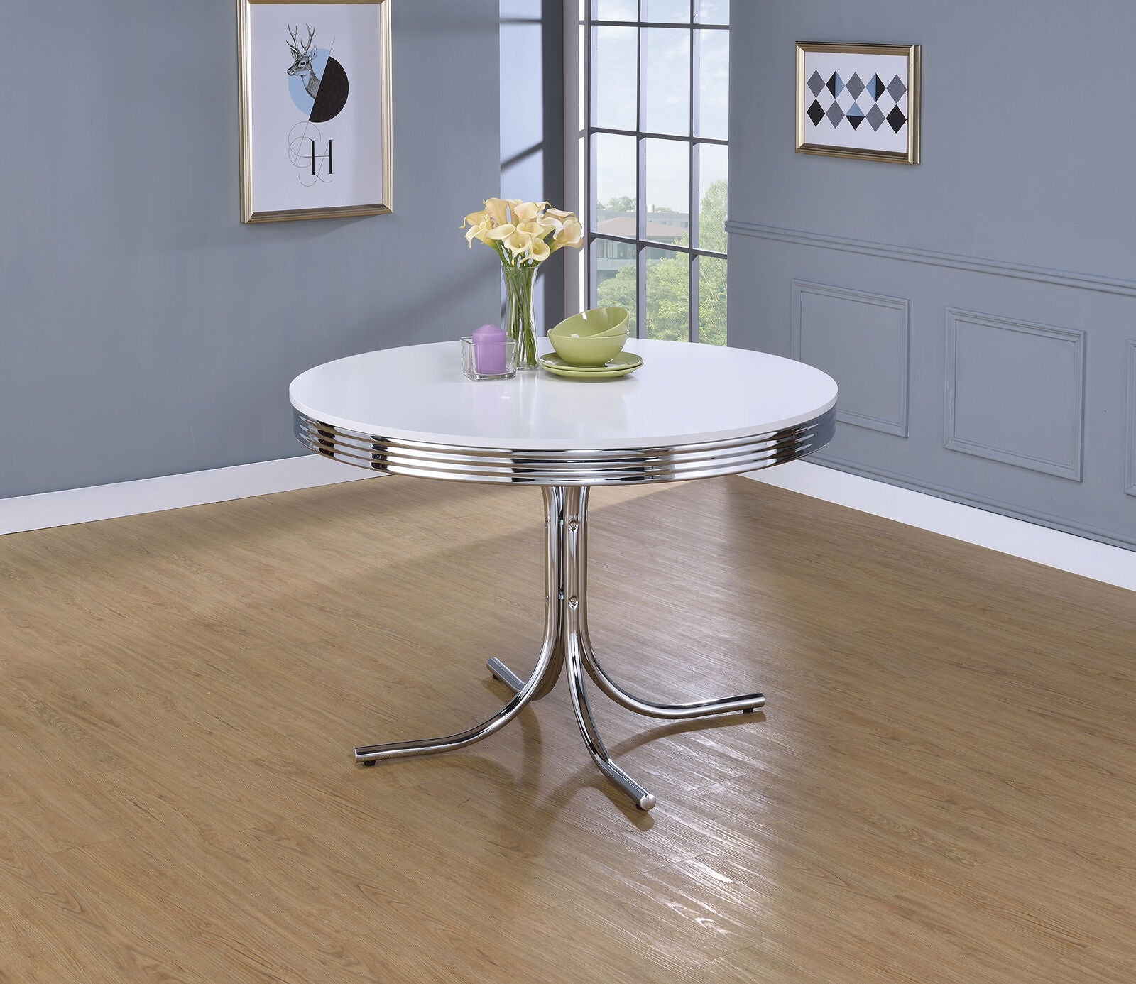 Retro Round Dining Table Glossy White And Chrome 2388