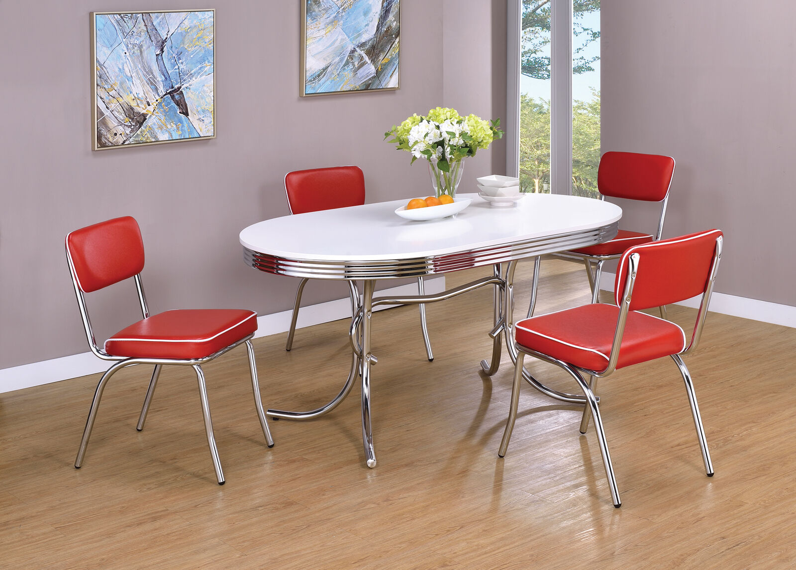 Coaster Cleveland 5 Piece Retro Oval Dining Set in White and Red