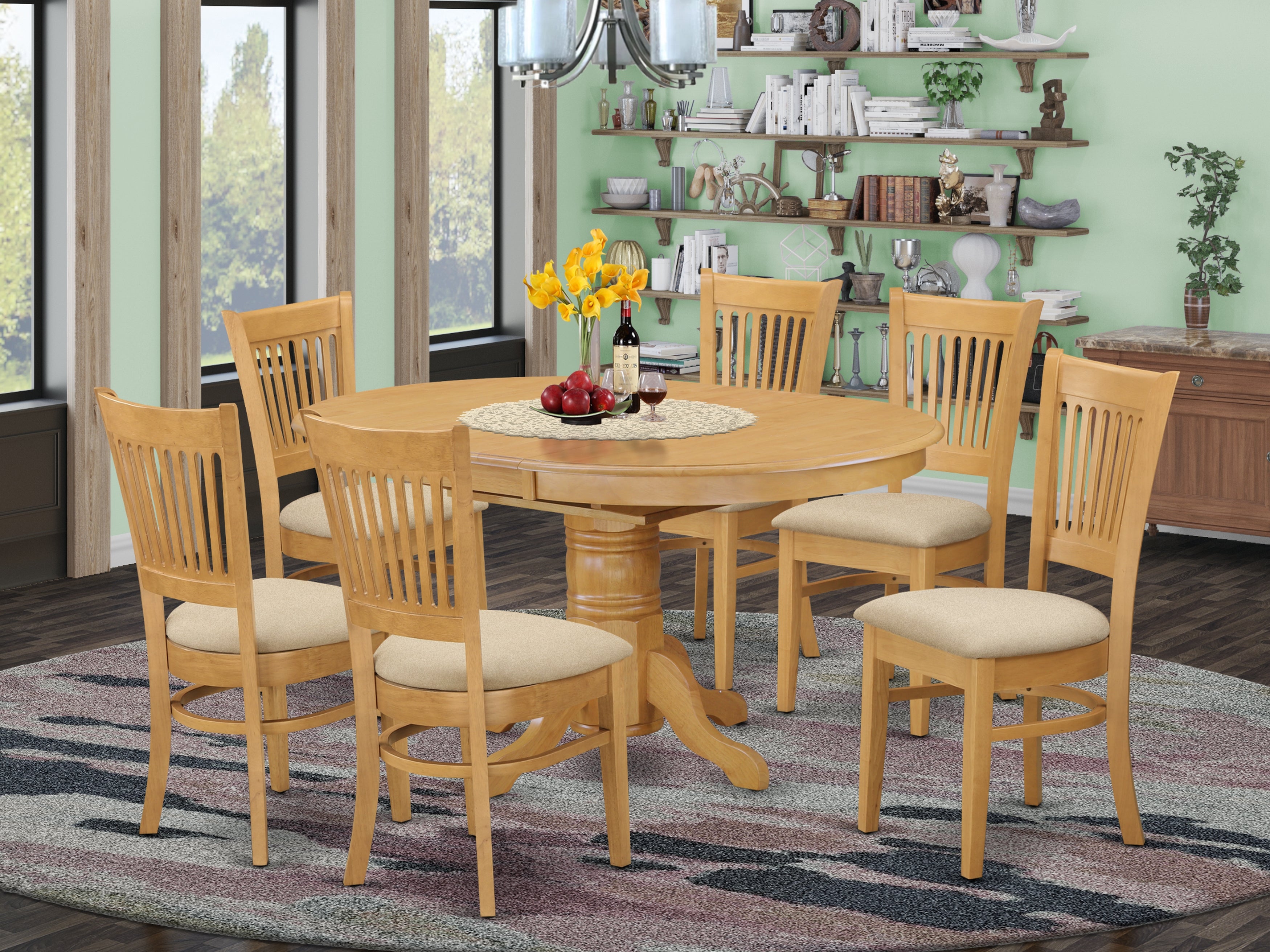 AVVA7-OAK-C 7 Pc Dining set-Dining Table with Leaf and 6 Dinette Chairs.