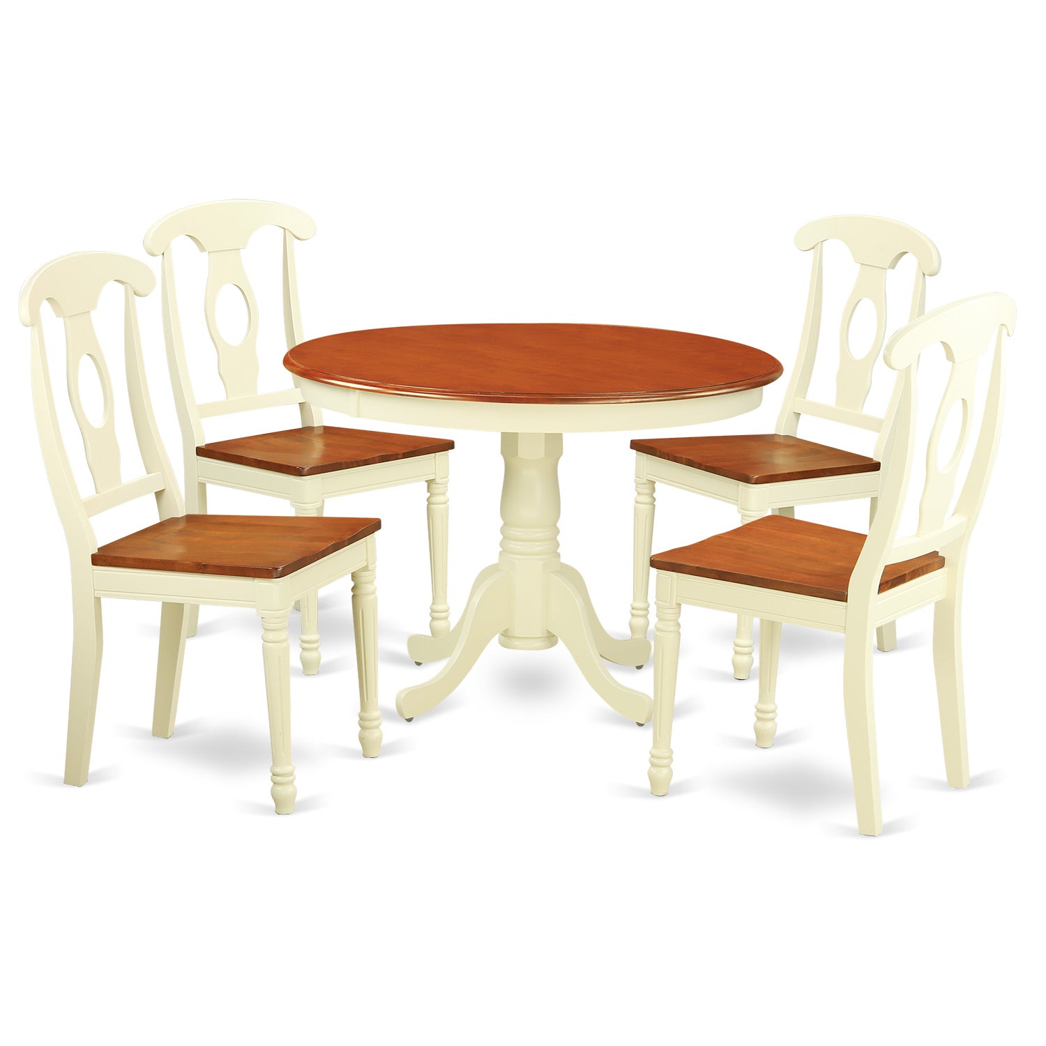 HLKE5-BMK-W 5 Pc set with a Round Small Table and 4 Wood Dinette Chairs in Buttermilk and Cherry .