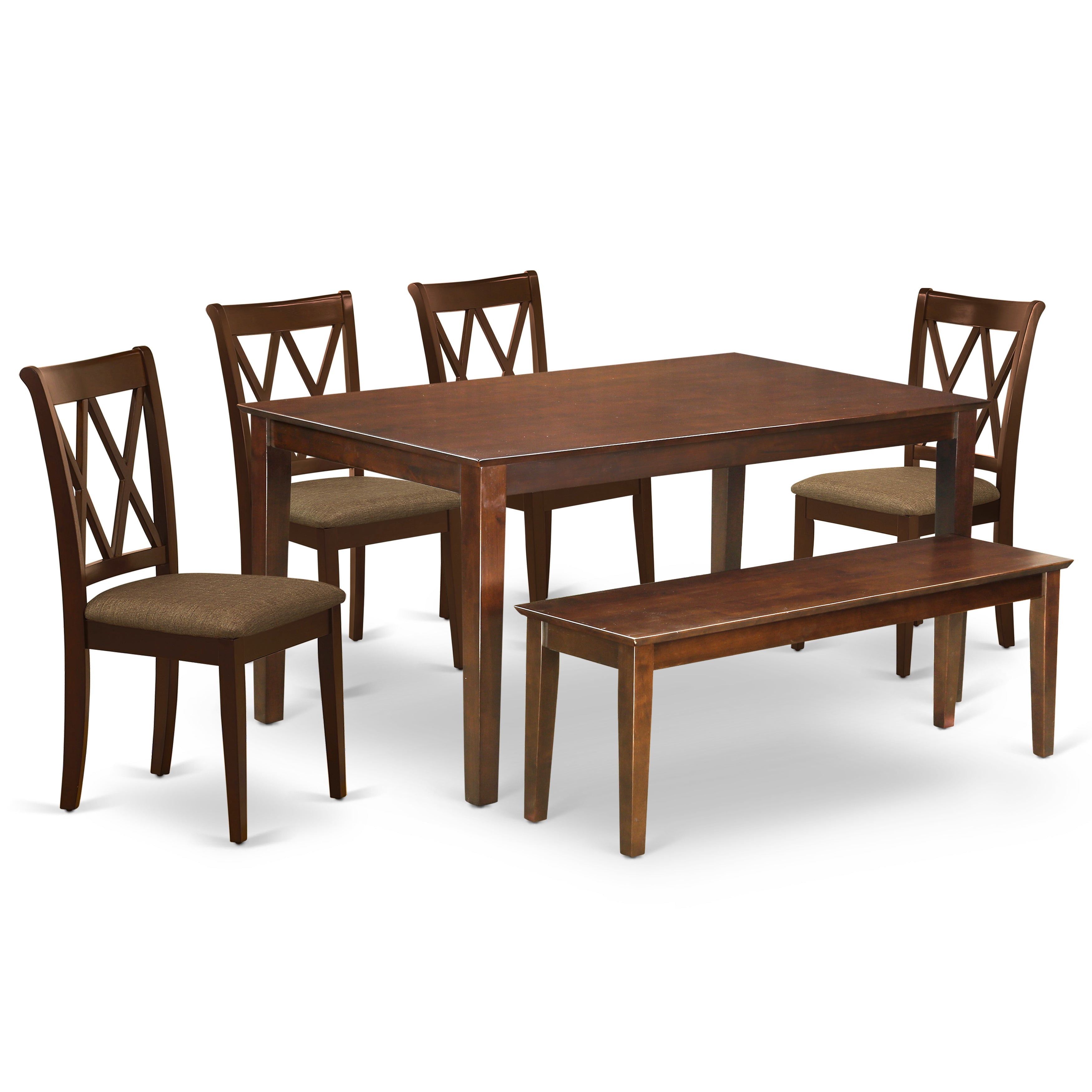 DUCL6-MAH-C 6Pc Dining Set Includes a Rectangle Dining Table, Four Double X Back Microfiber Seat Kitchen Chairs and a Bench, Mahogany Finish
