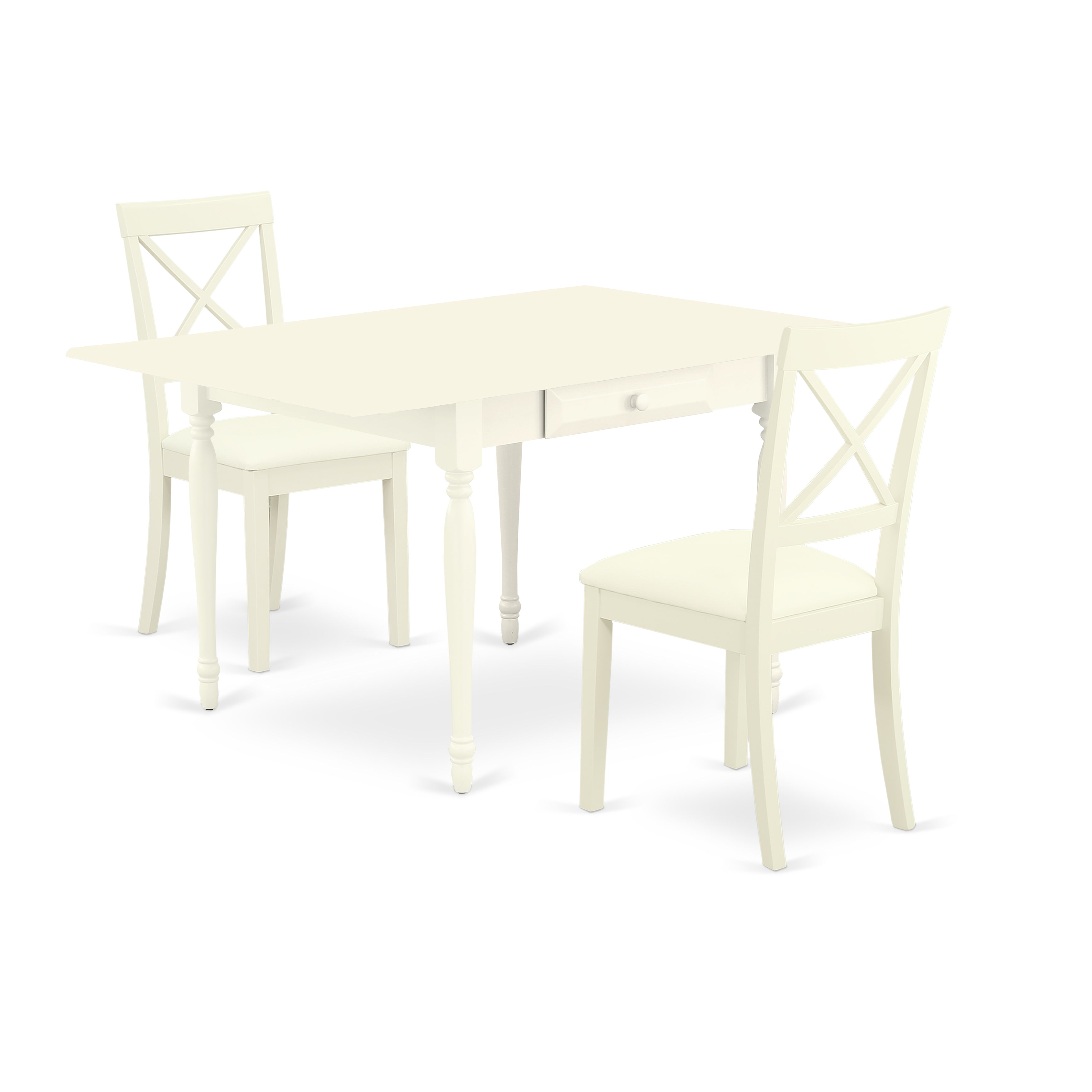 East West Furniture MZBO3-LWH-LC 3Pc Dining Table Set Includes a Dining Room Table and 2 Dining Room Chairs with Faux Leather Seat, Drop Leaf Table with X Back Chairs, Linen White Finish