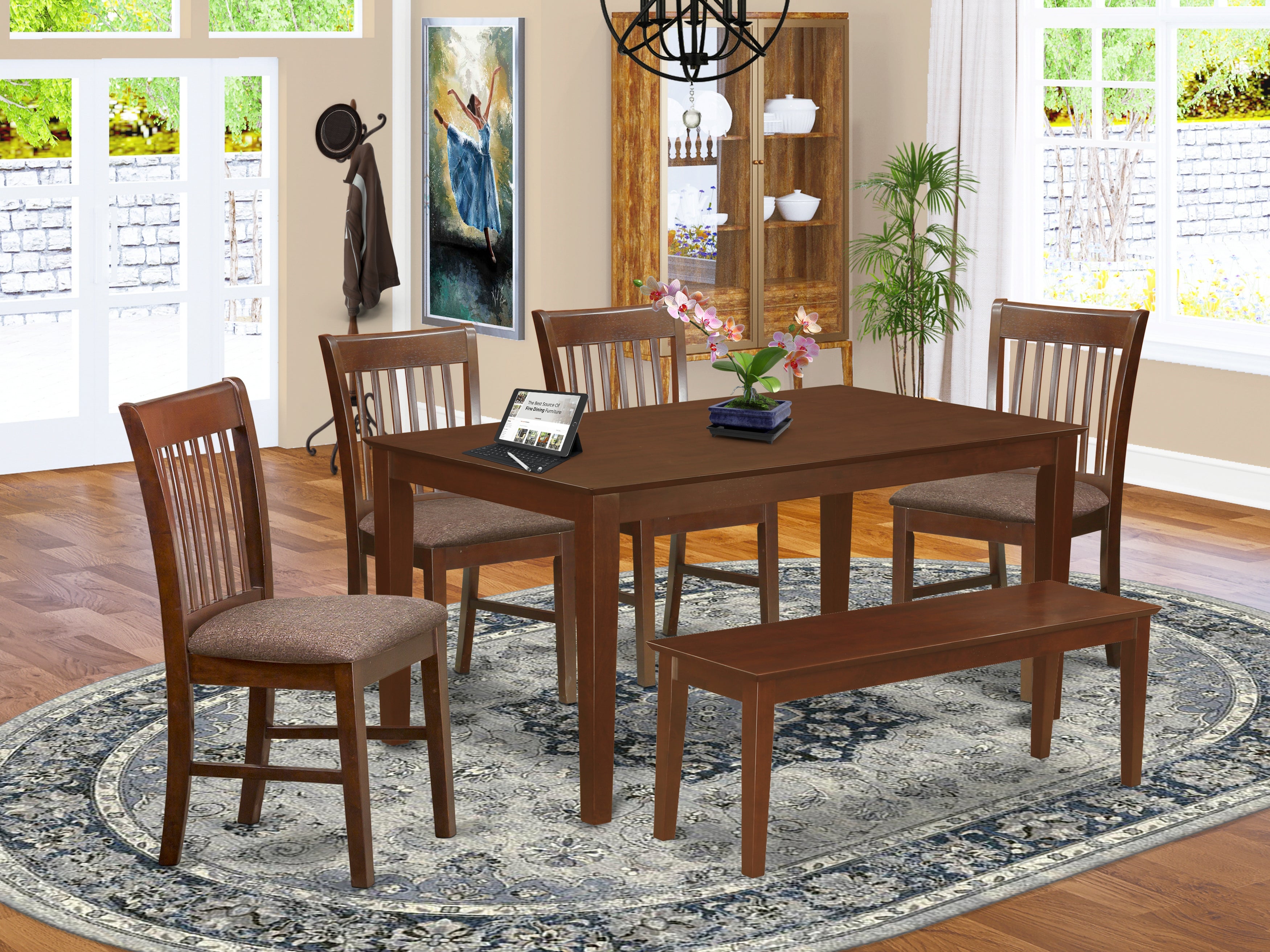 CANO6C-MAH-C 6-Pc Dining Table with bench set- Table and 4 Dining Chairs and Bench