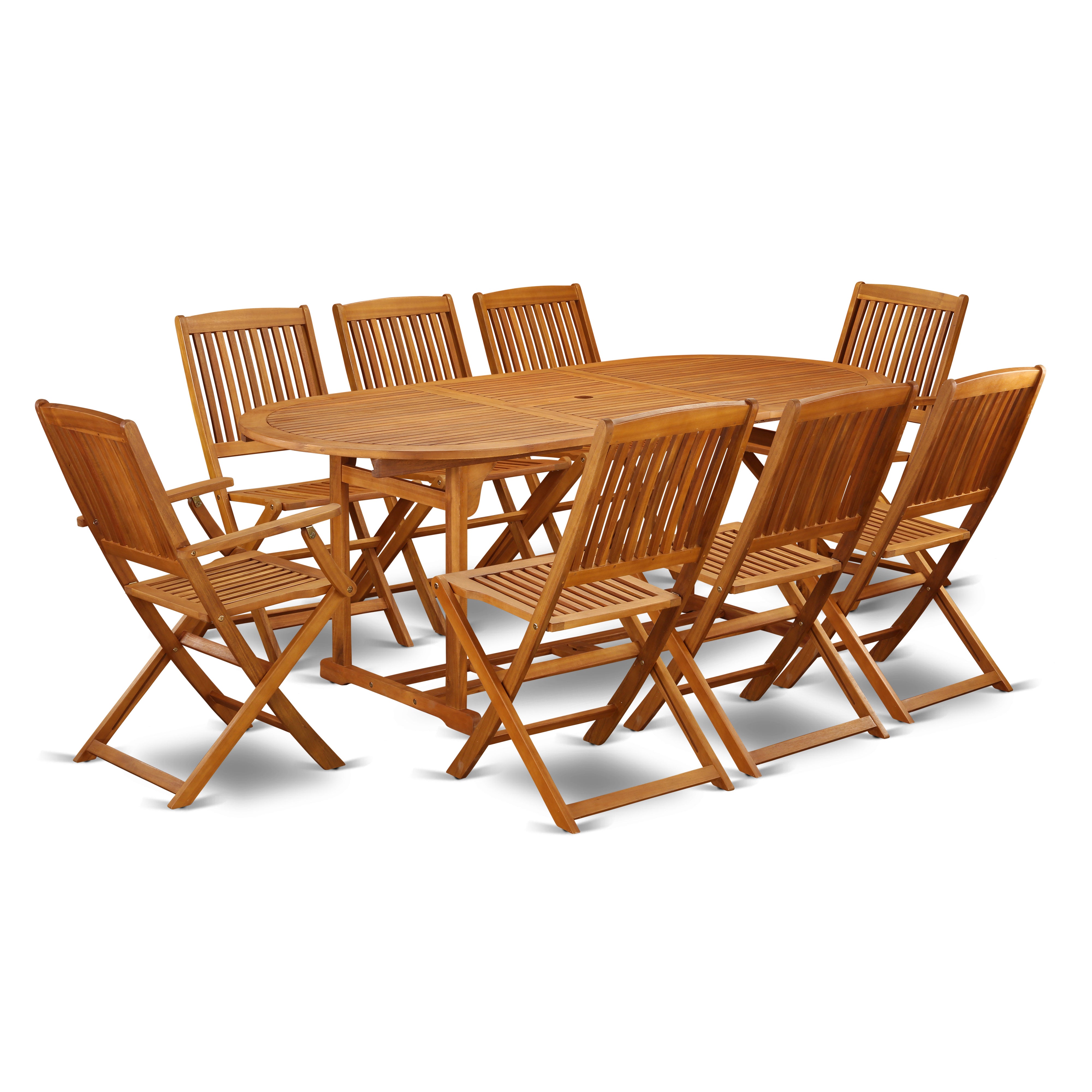 BSCM92CANA This 9 Piece Acacia Patio Sets includes one Outdoor-Furniture table and 6 side foldable Outdoor-Furniture chairs and Two arm chairs