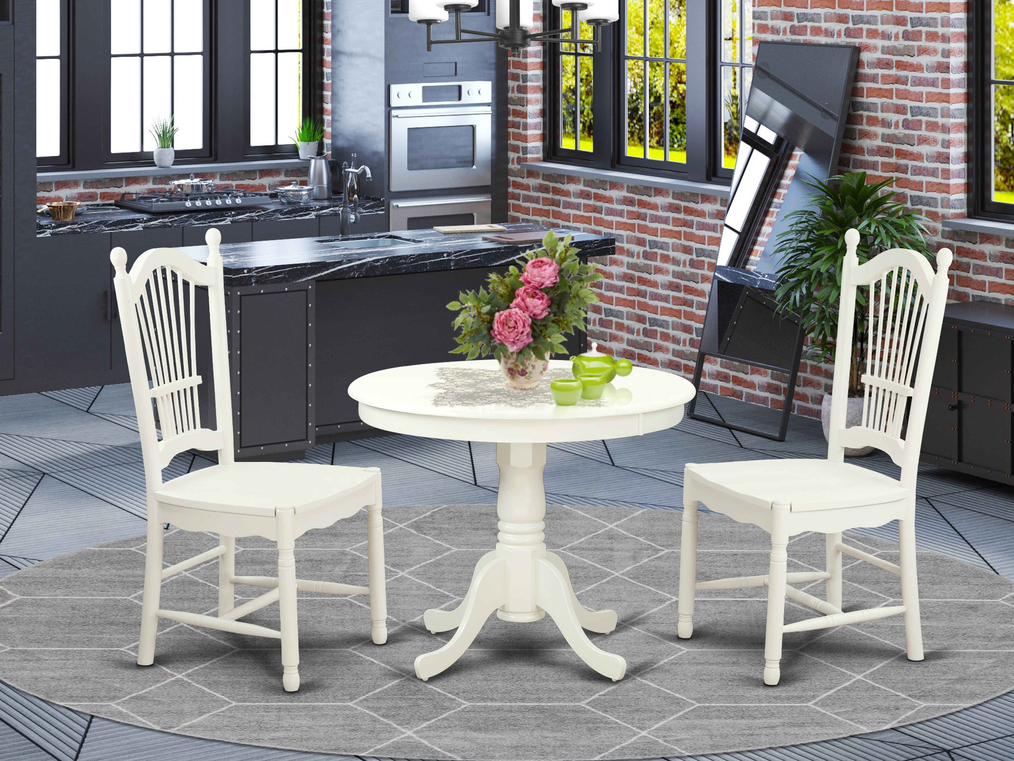 andO3-LWH-W 3 Pc set with a Round Table and 2 Wood Dinette Chairs with Stunning Linen White .