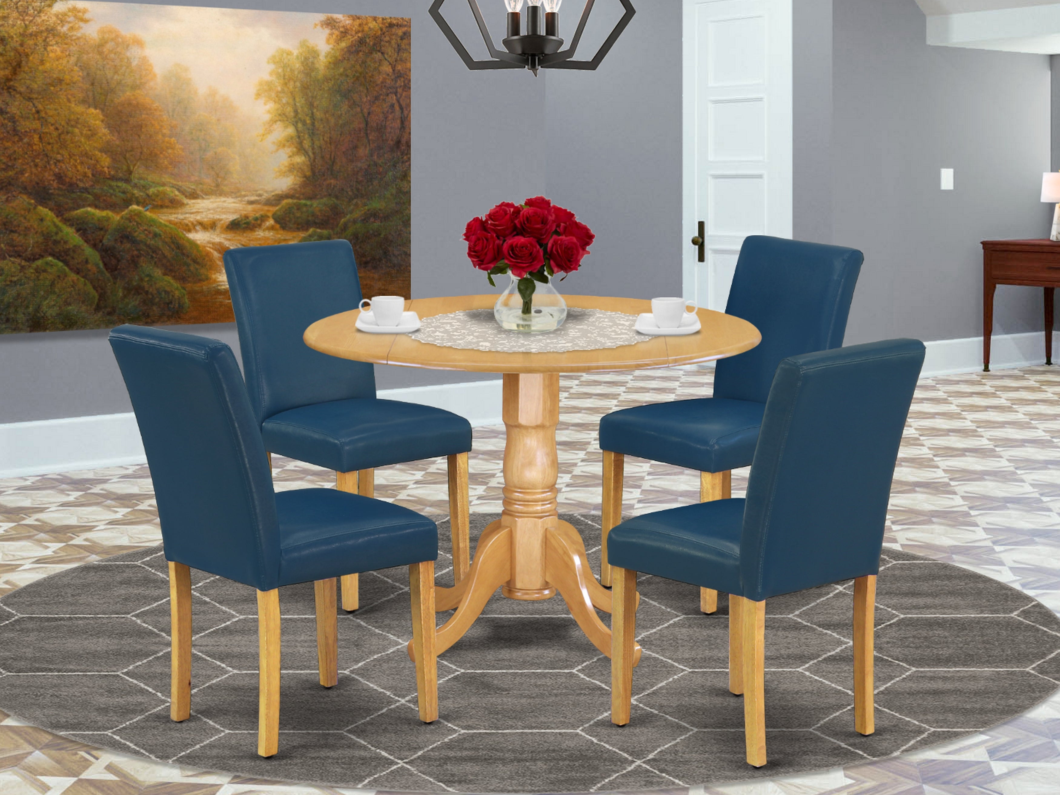 DLAB5-OAK-55 5Pc Round 42" Kitchen Table With Two 9-Inch Drop Leaves And Four Parson Chair With Oak Leg And Pu Leather Color Oasis