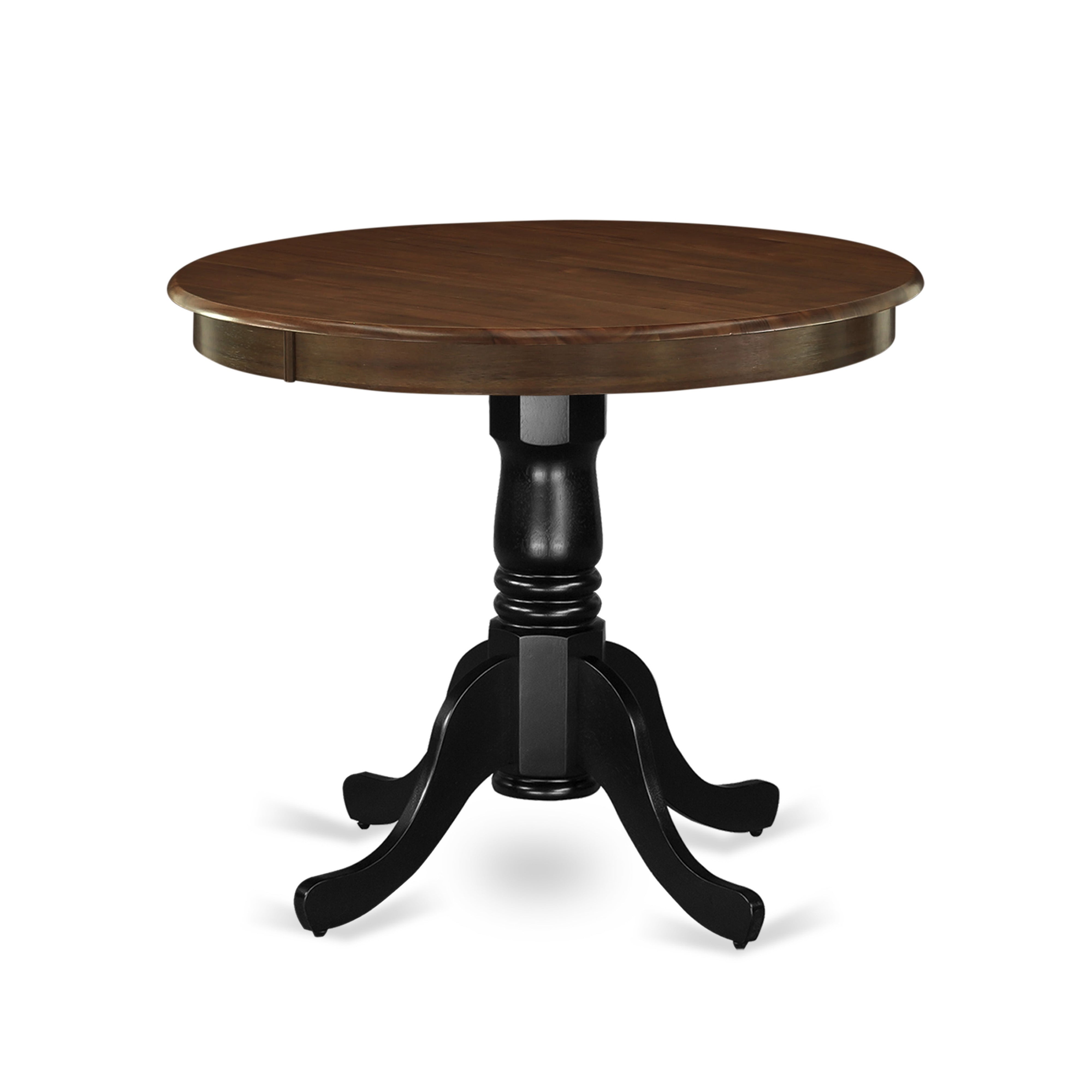 AMT-WBK-TP Antique Dining Table Made of Rubber Wood offering Walnut Finish Table Top, 36 Inch Round, Wirebrushed Black Pedestal
