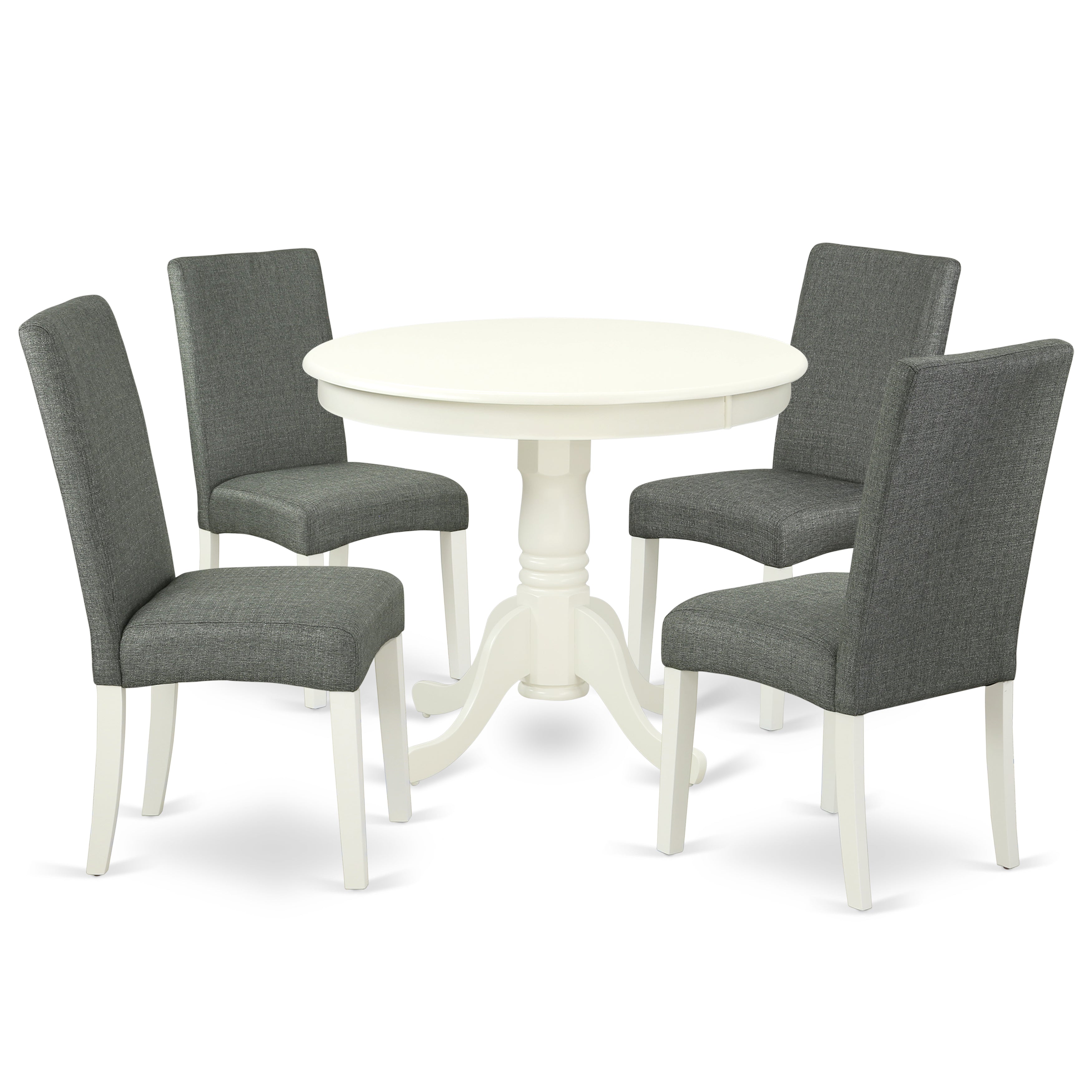 ANDR5-LWH-07 5Pc Round 36" Table And 4 Parson Chair With Linen White Finish Leg And Linen Fabric- Gray Color