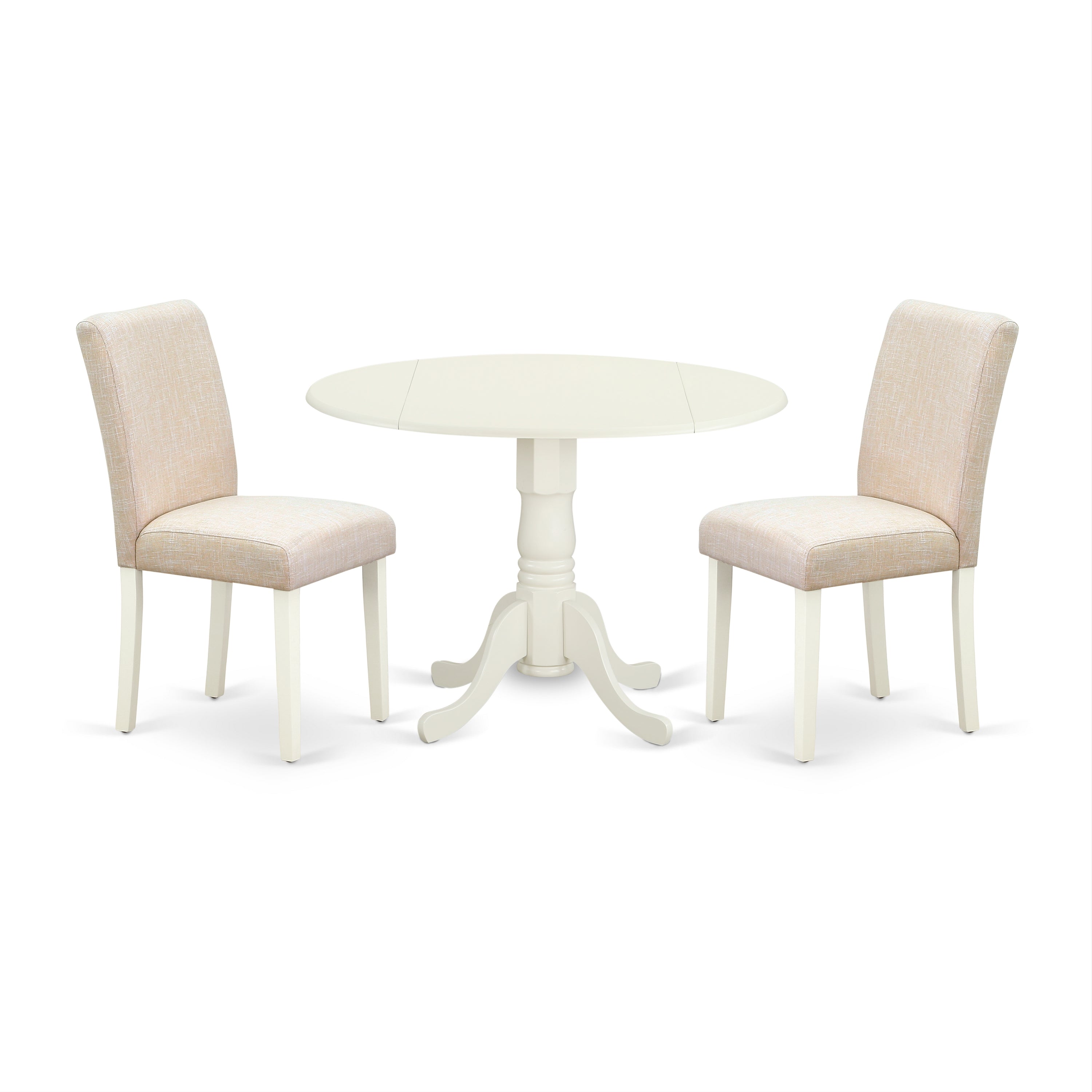 DLAB3-LWH-02 3Pc Round 42" Dining Room Table With Two 9-Inch Drop Leaves And 2 Parson Chair With Linen White Leg And Linen Fabric Light Beige