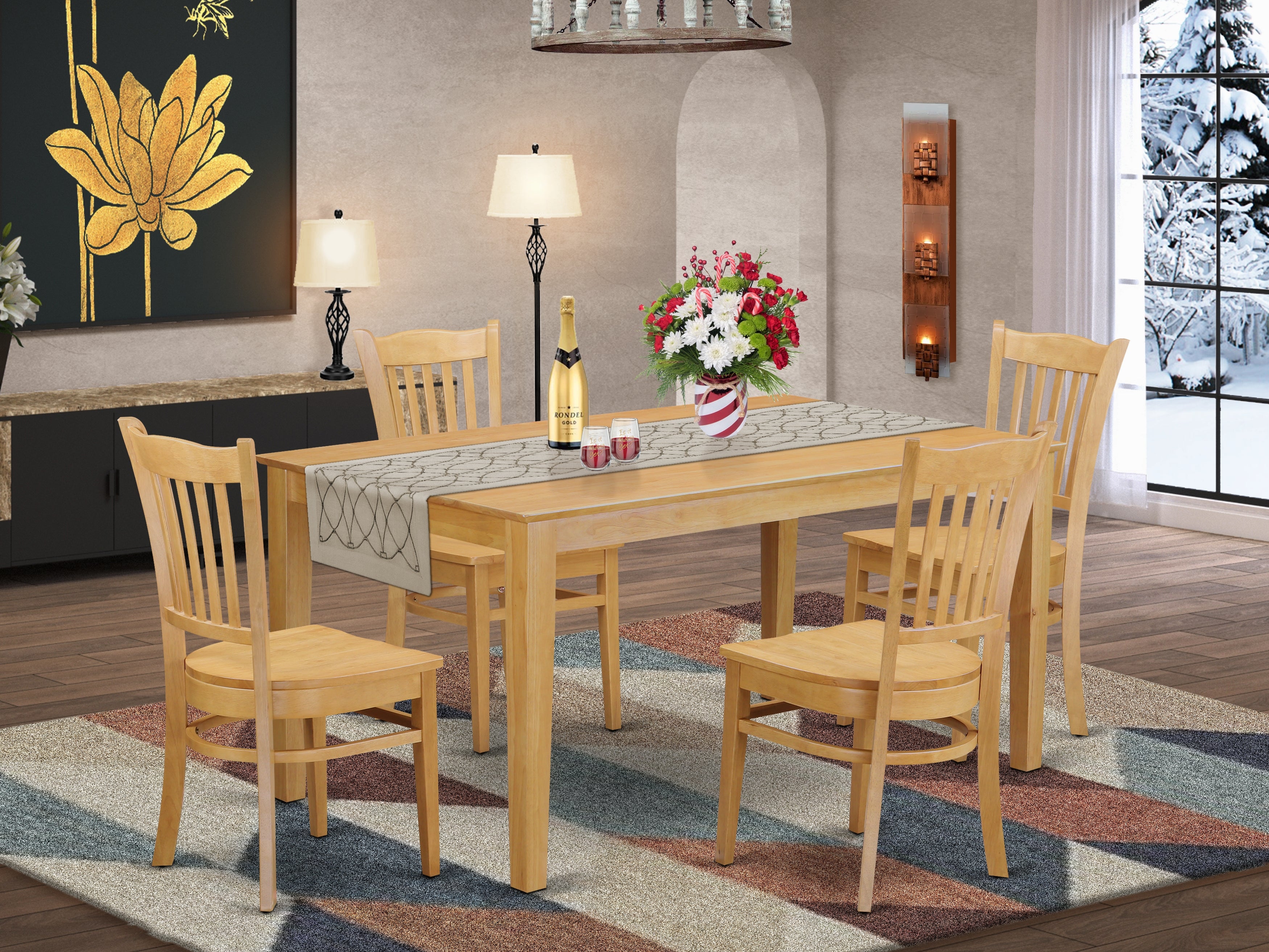 CAGR5-OAK-W 5Pc Rectangle 60 Inch Dining Table And 4 Wood Seat Kitchen Chairs