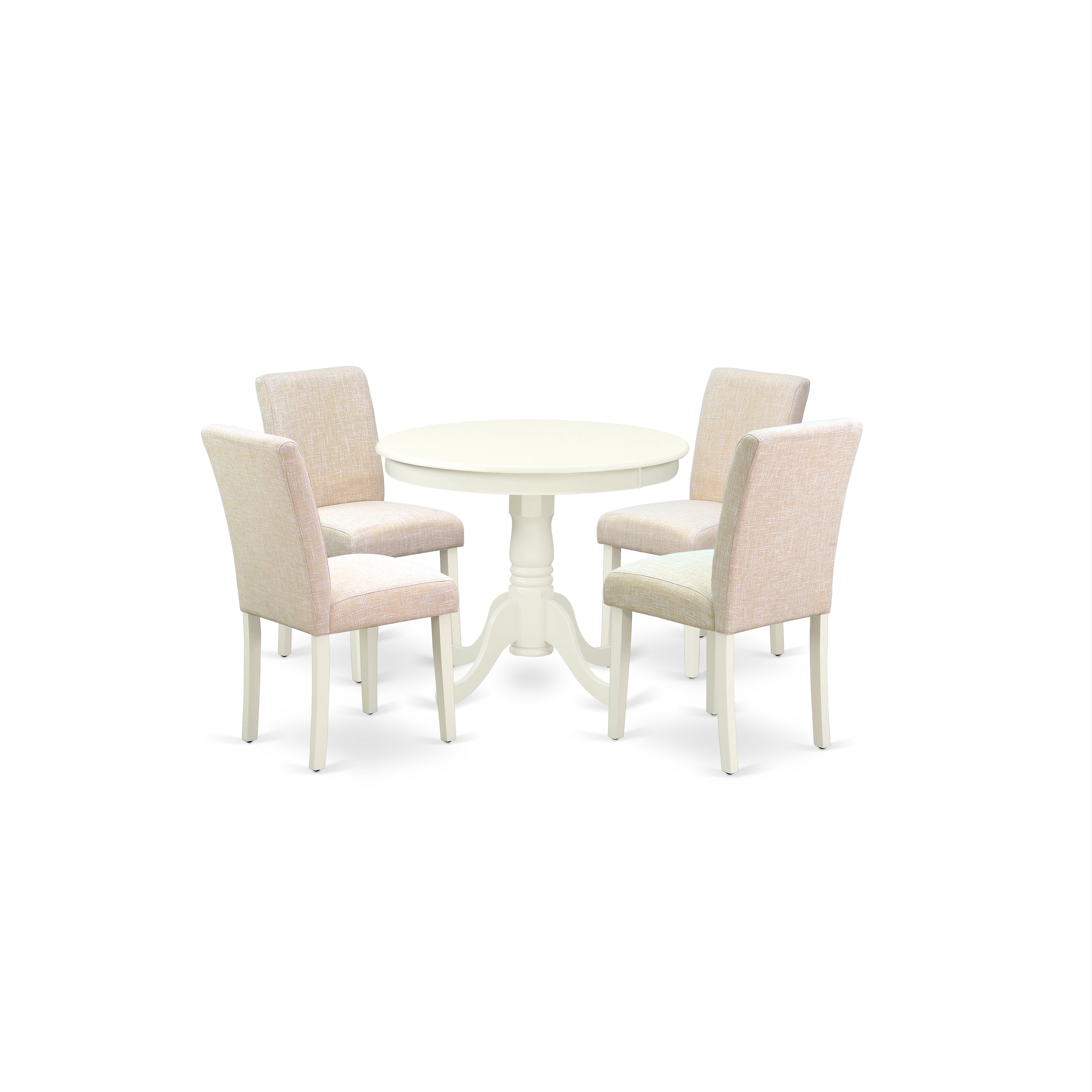 ANAB5-LWH-02 5Pc Round 36" Table And 4 Parson Chair With Linen White Leg And Linen Fabric Light Beige