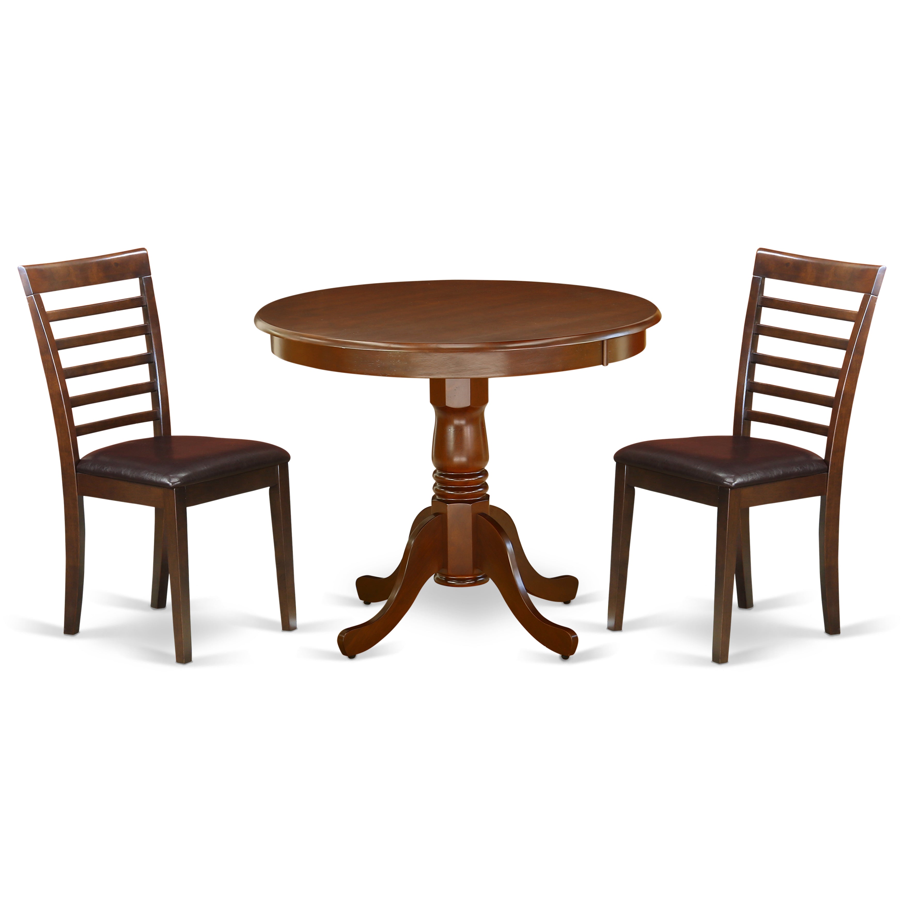 ANML3-MAH-LC 3Pc Rounded 36" Kitchen Table And A Pair Of Faux Leather Seat Dining Chairs