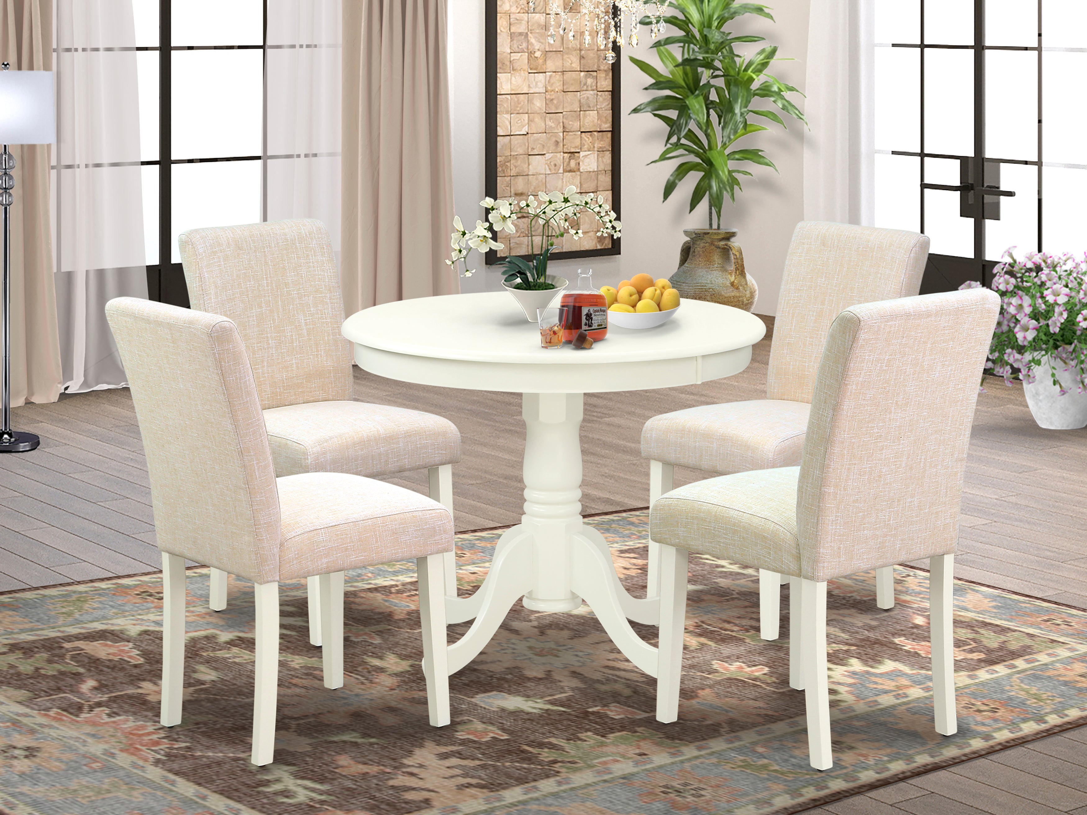 ANAB5-LWH-02 5Pc Round 36" Table And 4 Parson Chair With Linen White Leg And Linen Fabric Light Beige