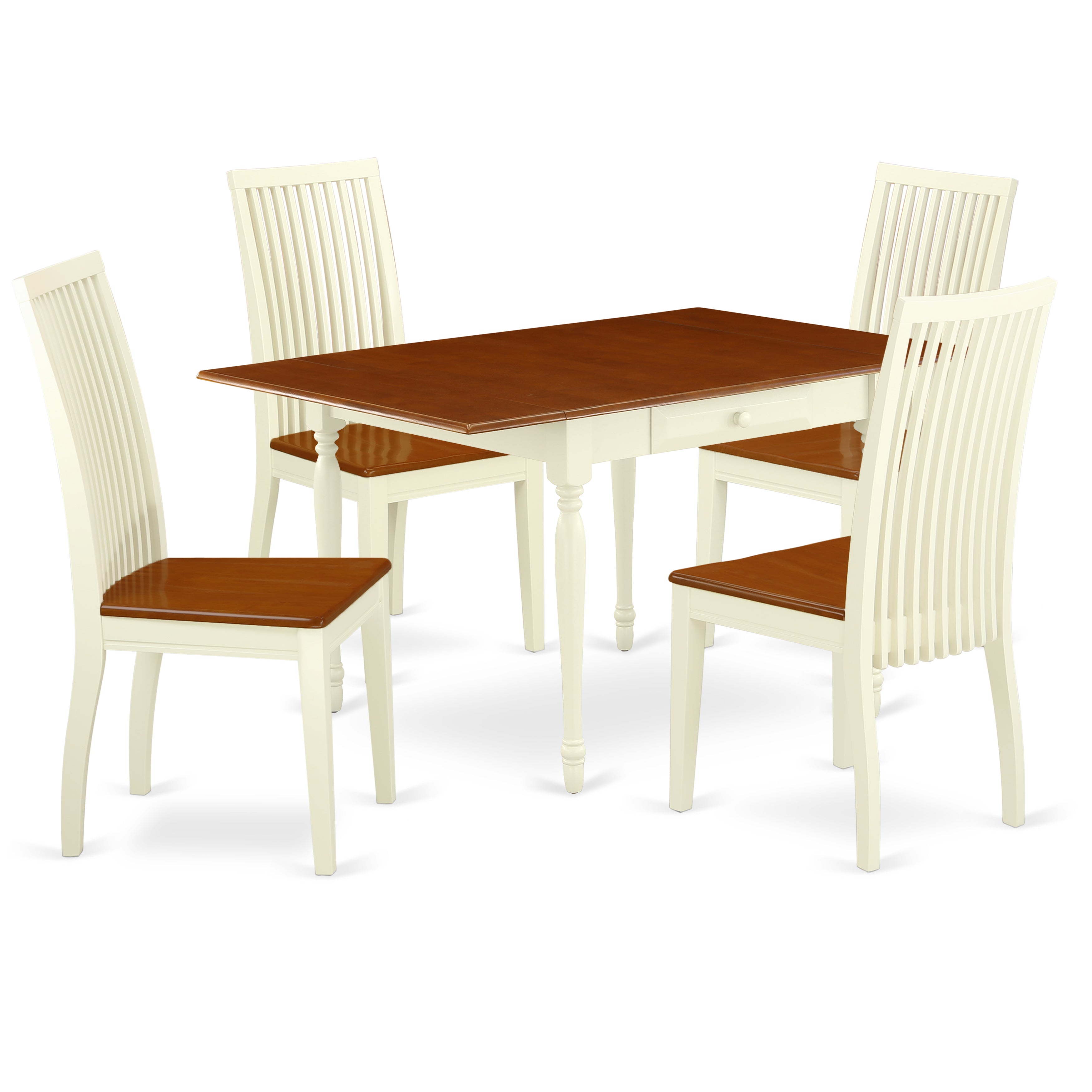 East West Furniture MZIP5-WHI-W 5 Pieces Dining Table set - Strong Drop Leaf Solid Wood Dining Table and 4 Solid Wood Seat Kitchen Chairs, Buttermilk and Cherry Finish
