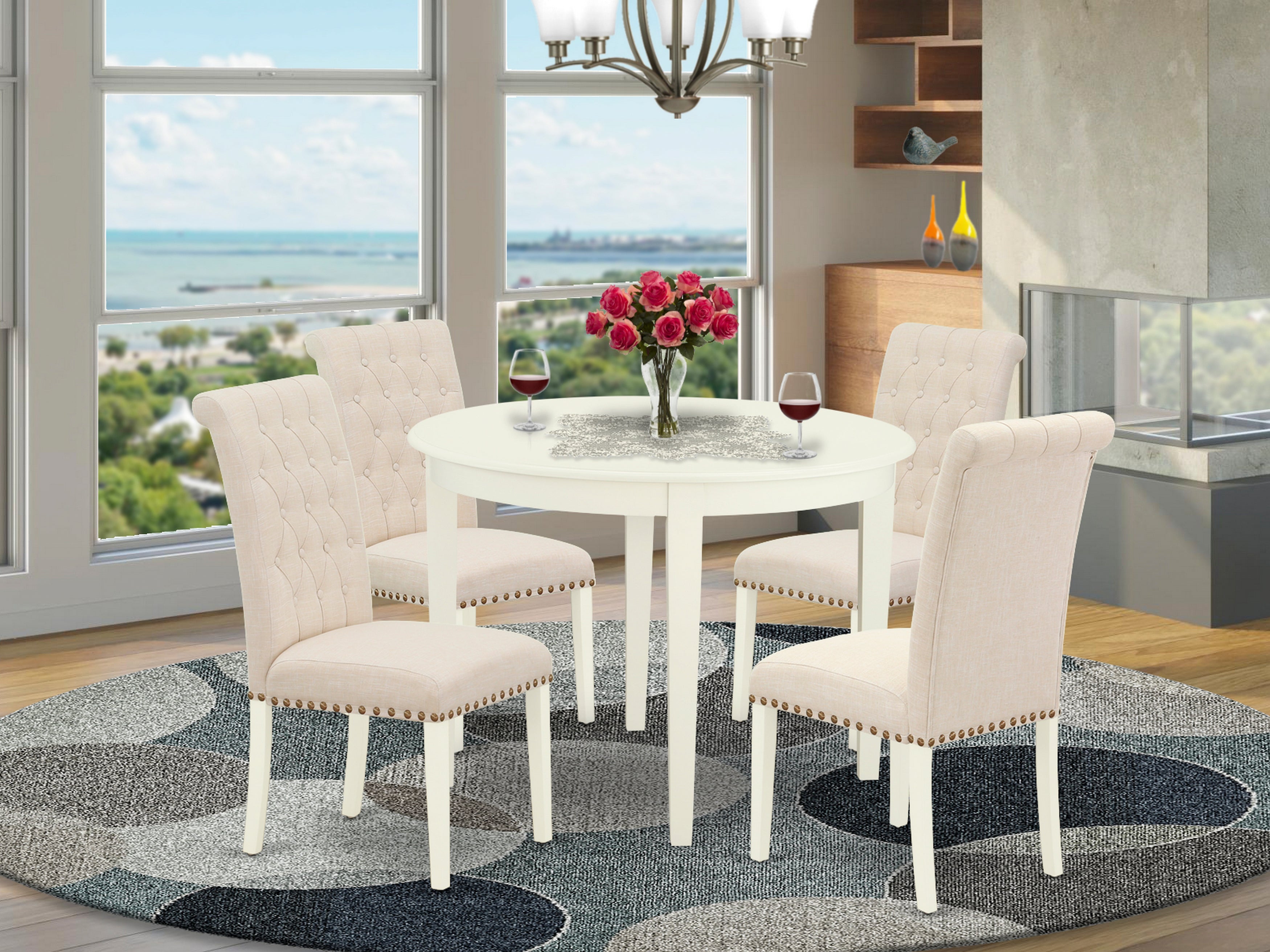 BOBR5-WHI-02 5Pc Dining Set Includes a Small Round Dinette Table and Four Parson Chairs with Light Beige Fabric, White Finish