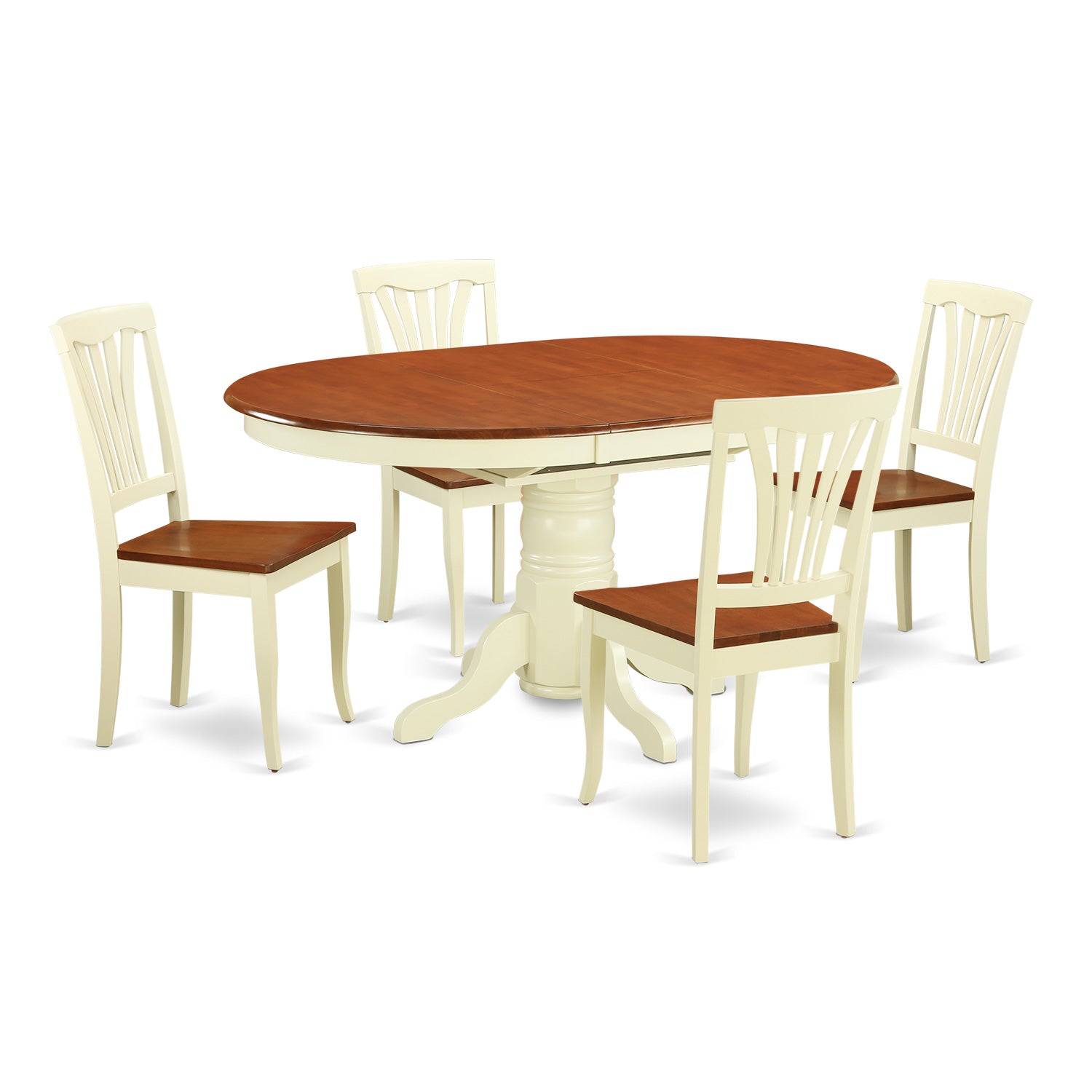 AVON5-WHI-W 5 Pc Dinette Table with Leaf and 4 Wood Seat Chairs in Buttermilk and Cherry.