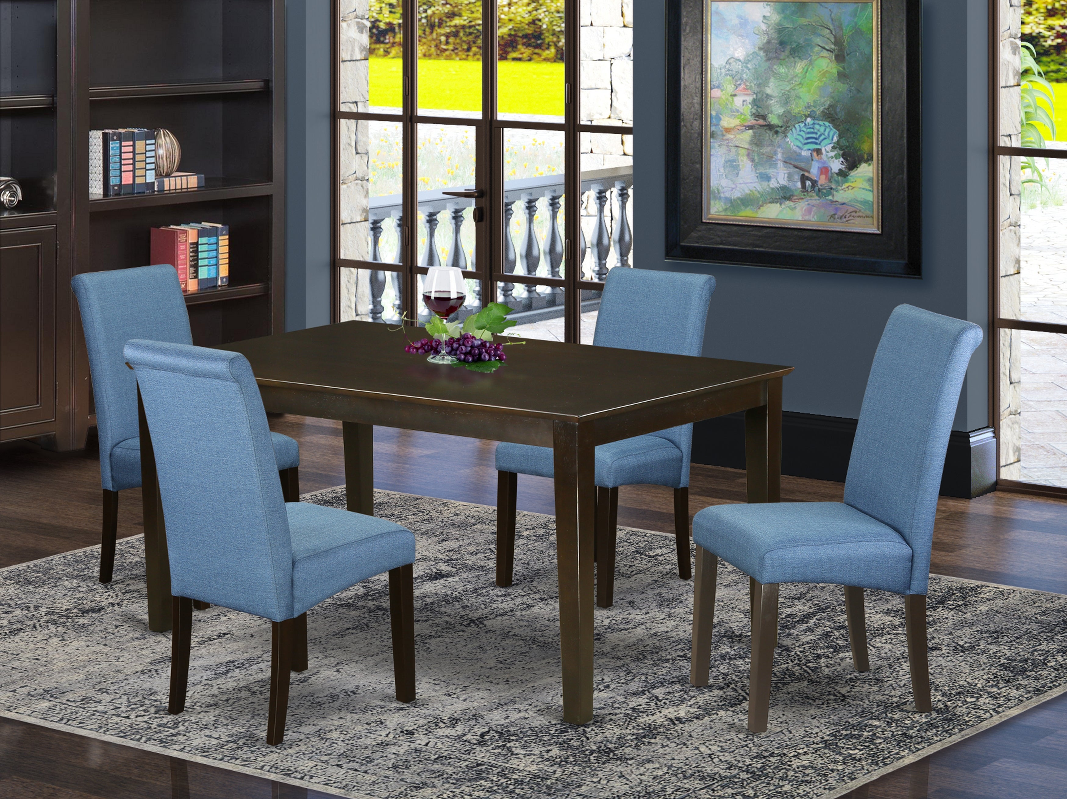 CABA5-CAP-21 5Pc Kitchen table with linen Blue fabric Parson chairs with cappuccino chair legs