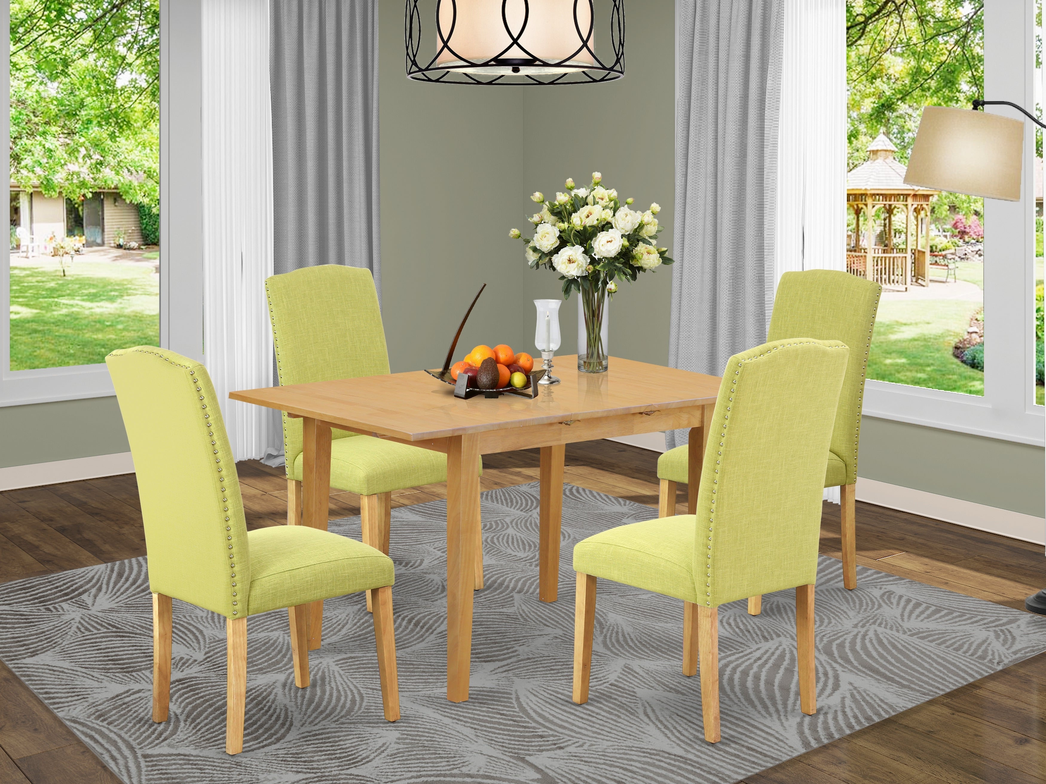 AVEN5-OAK-07 5Pc Oval 42/60" Table With 18 In Self Storing Butterfly Leaf And 4 Parson Chair With Oak Leg And Linen Fabric Limelight