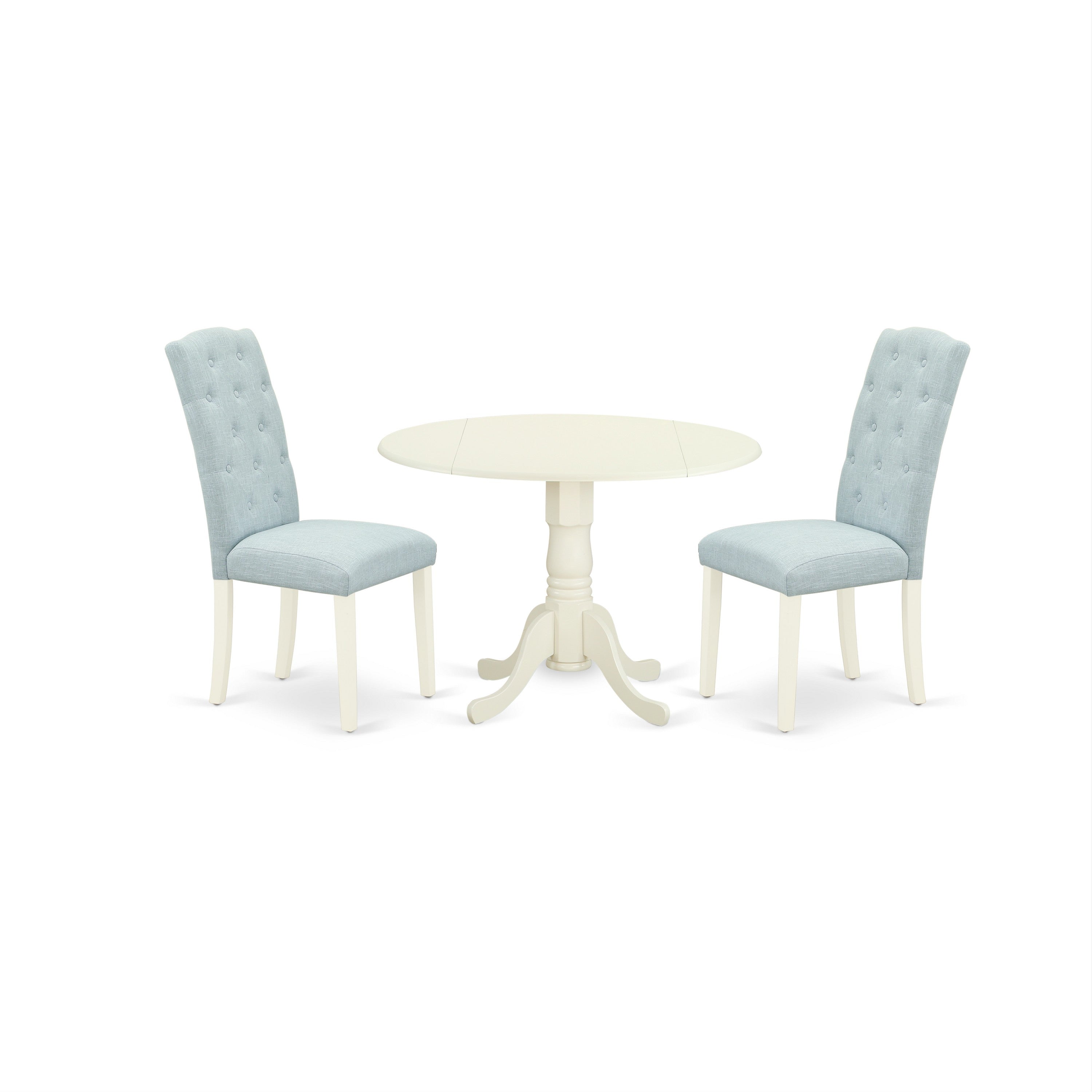 3Pc Dropleaf White Round Kitchen Dining Table and Two Parson Chairs in Baby Blue