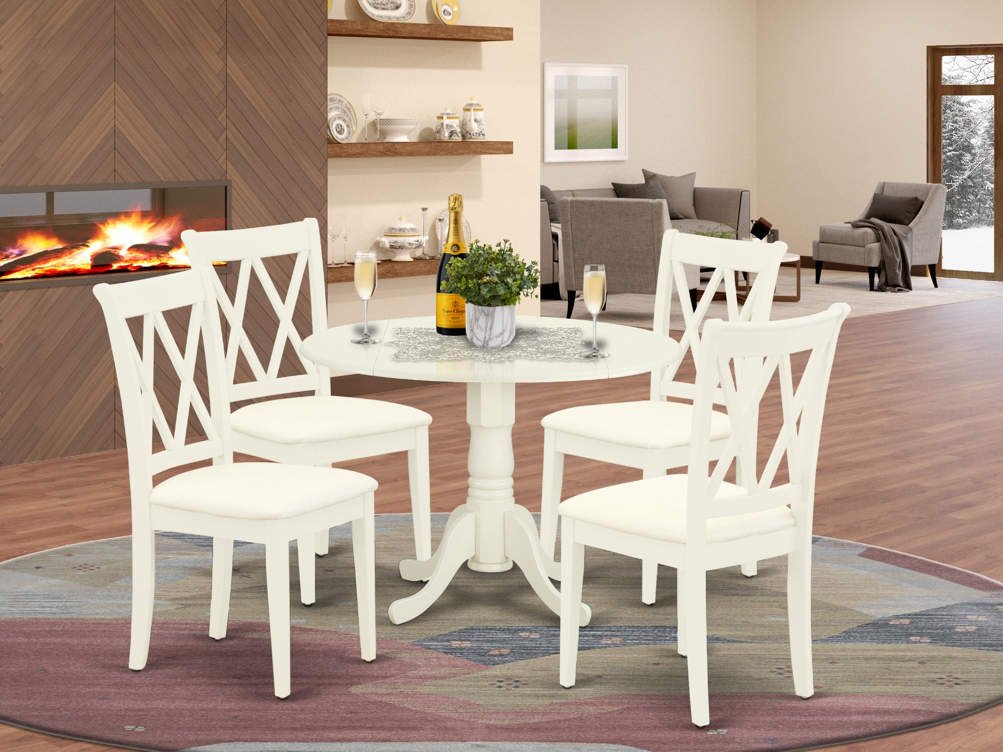 DLCL5-WHI-C 5Pc Dining Set Includes a Round Dinette Table with Drop Leaves and Four Double X Back Microfiber Seat Kitchen Chairs, White Finish