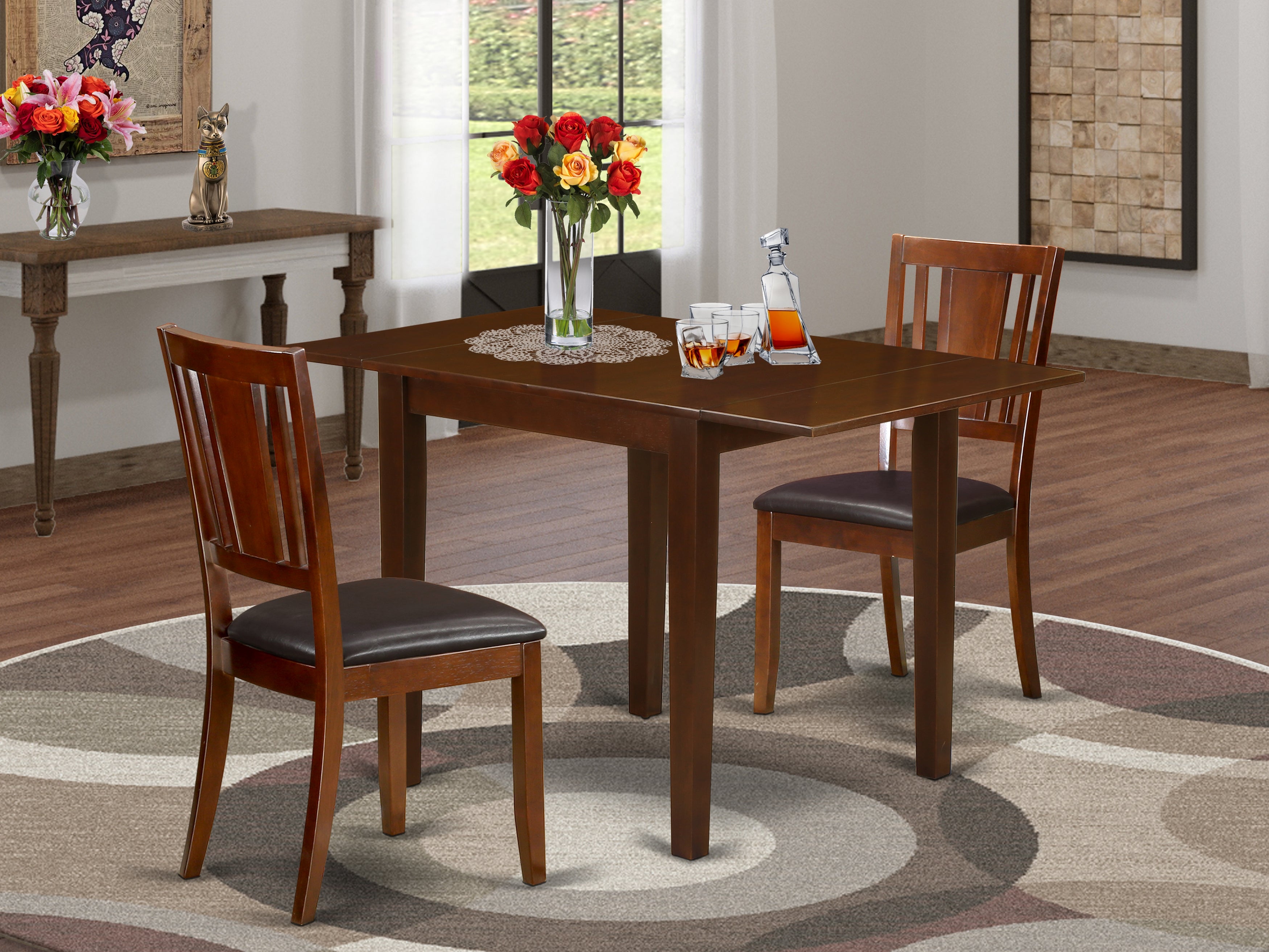 East West Furniture NDDU3-MAH-LC Dining Set for 3- Two Marvelous Wooden Dining Room Chairs - a Fantastic Wood Dining Table - Chocolate Brown Color Faux Leather - Mahogany Finish Solid wood Structure