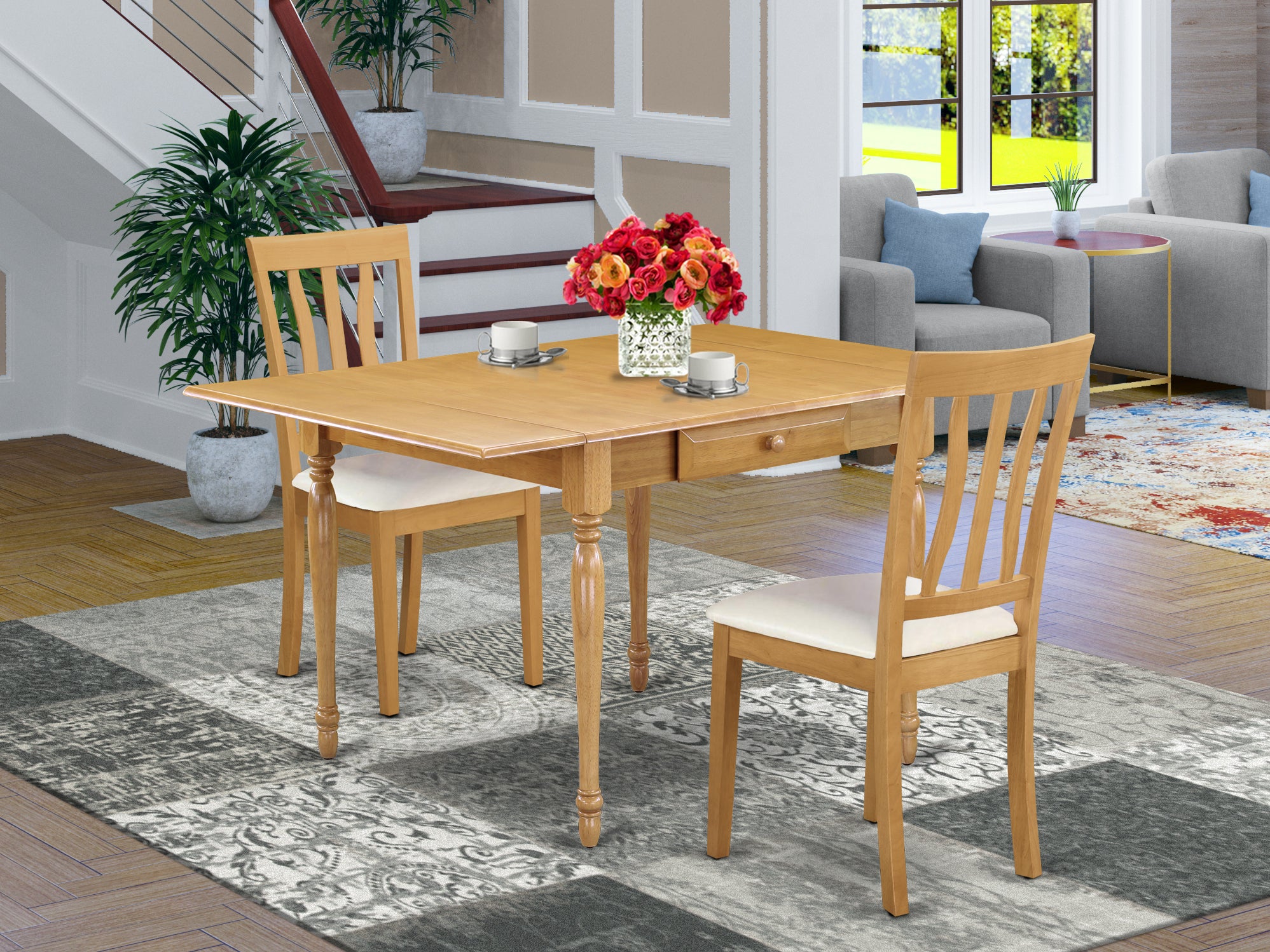 East West Furniture MZAN3-OAK-LC 3Pc Dining Table Set for 2 Consists of a Dinette Table and 2 Wooden Dining Chairs with Faux Leather Seat, Drop Leaf Table with Slat Back Chairs, Oak Finish