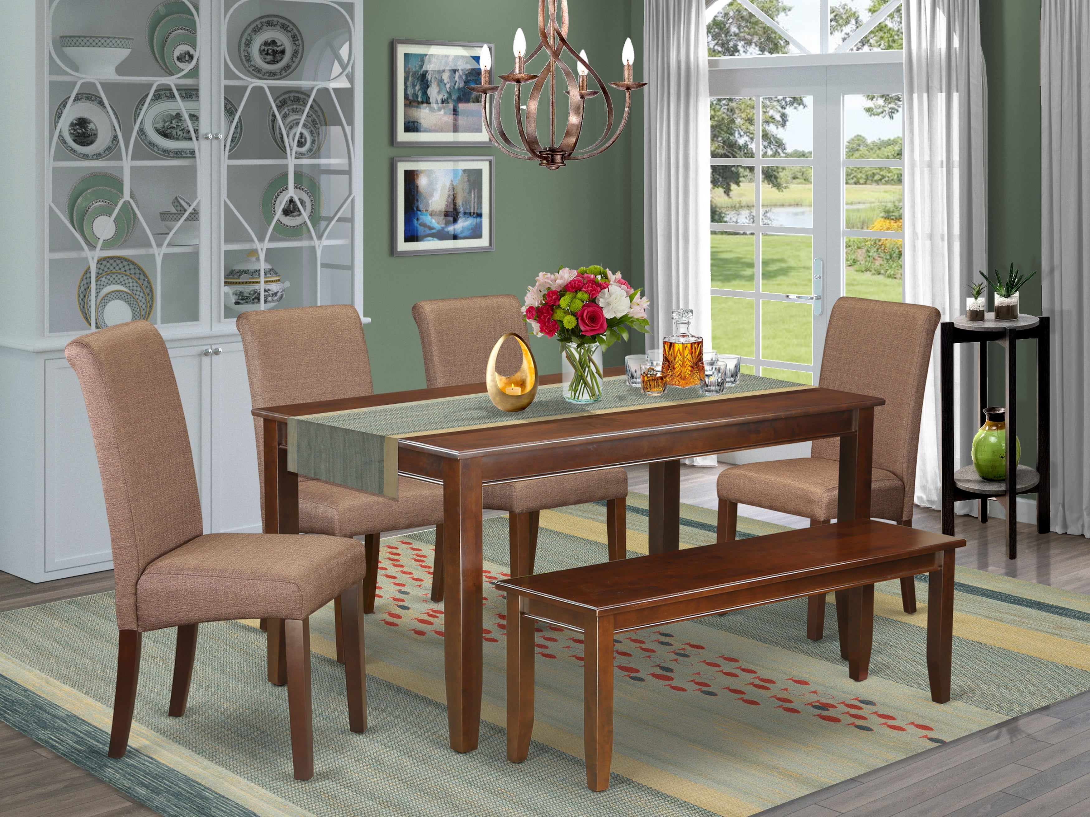 DUBA6-MAH-18 6Pc Kitchen table with linen brown fabric kitchen chairs plus one bench