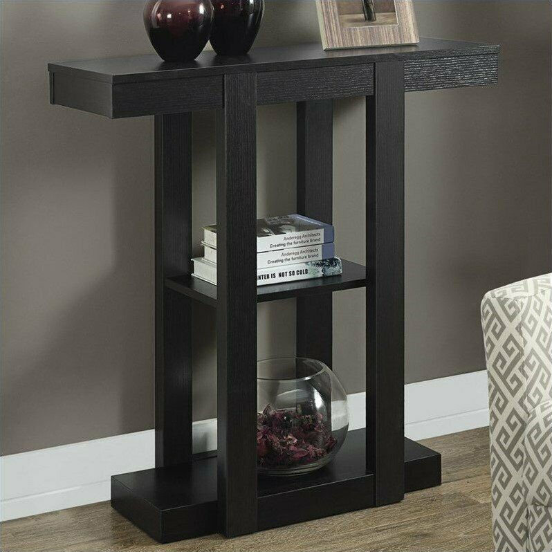 Modern Cappuccino Hall Console Accent Straight Line Table with 2 Shelves