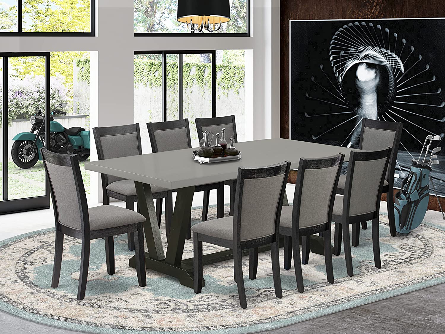 9 PC Dining Table with V-Legs and 8 Dark Gotham Grey Linen Fabric Parson Dining Chairs Set