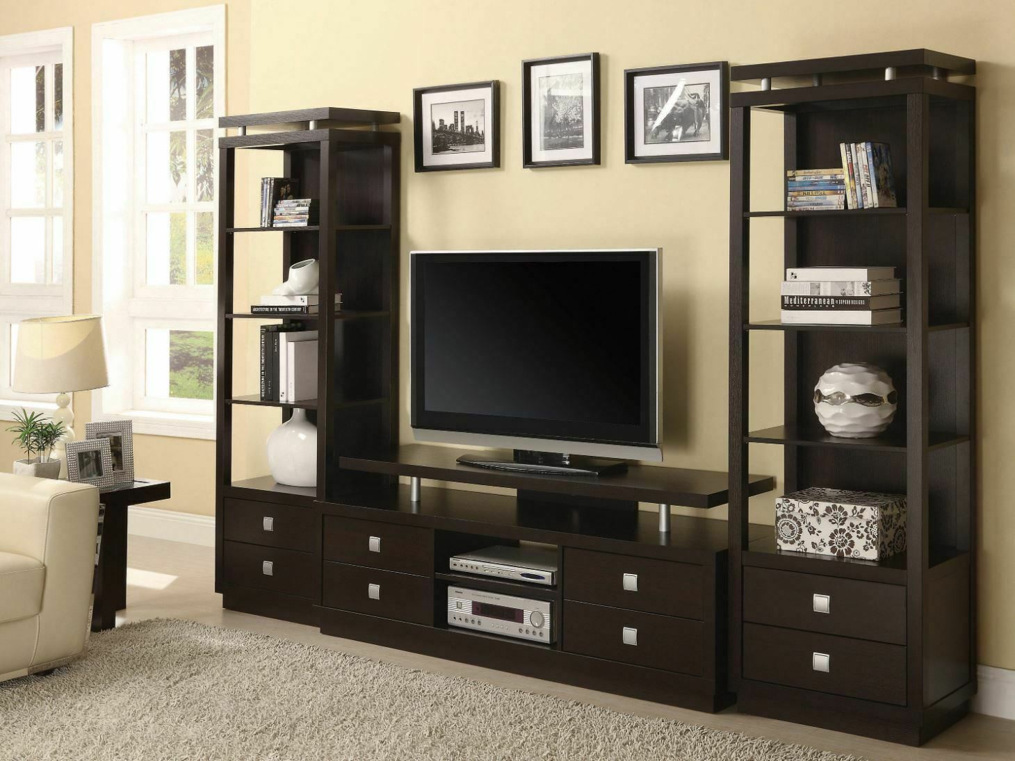 Modern 4-Tier Shelf Media Tower With Drawers Cappuccino