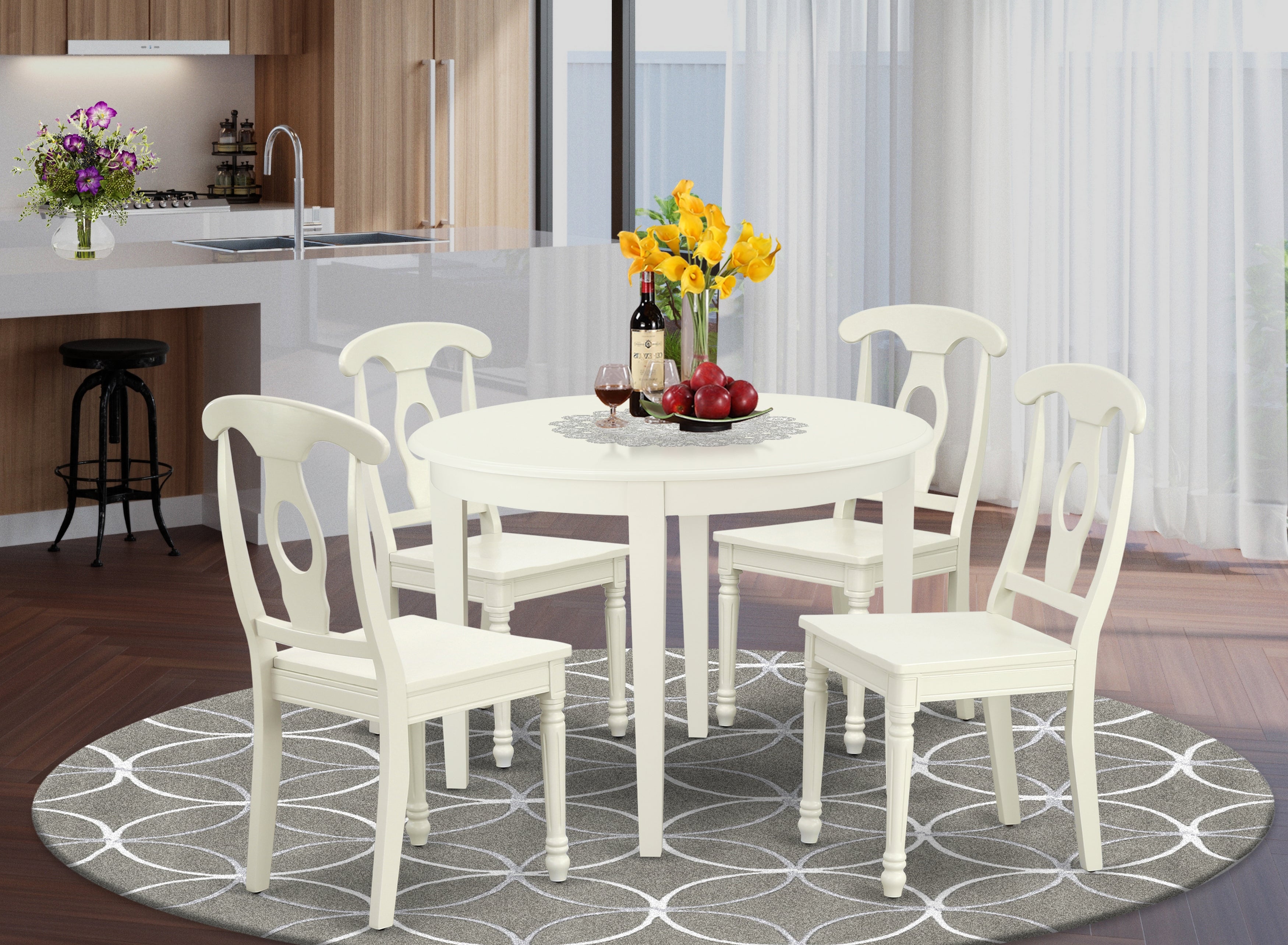 BOKE5-LWH-W 5PC Round 42 inch Table and 4 Panel Back Chairs