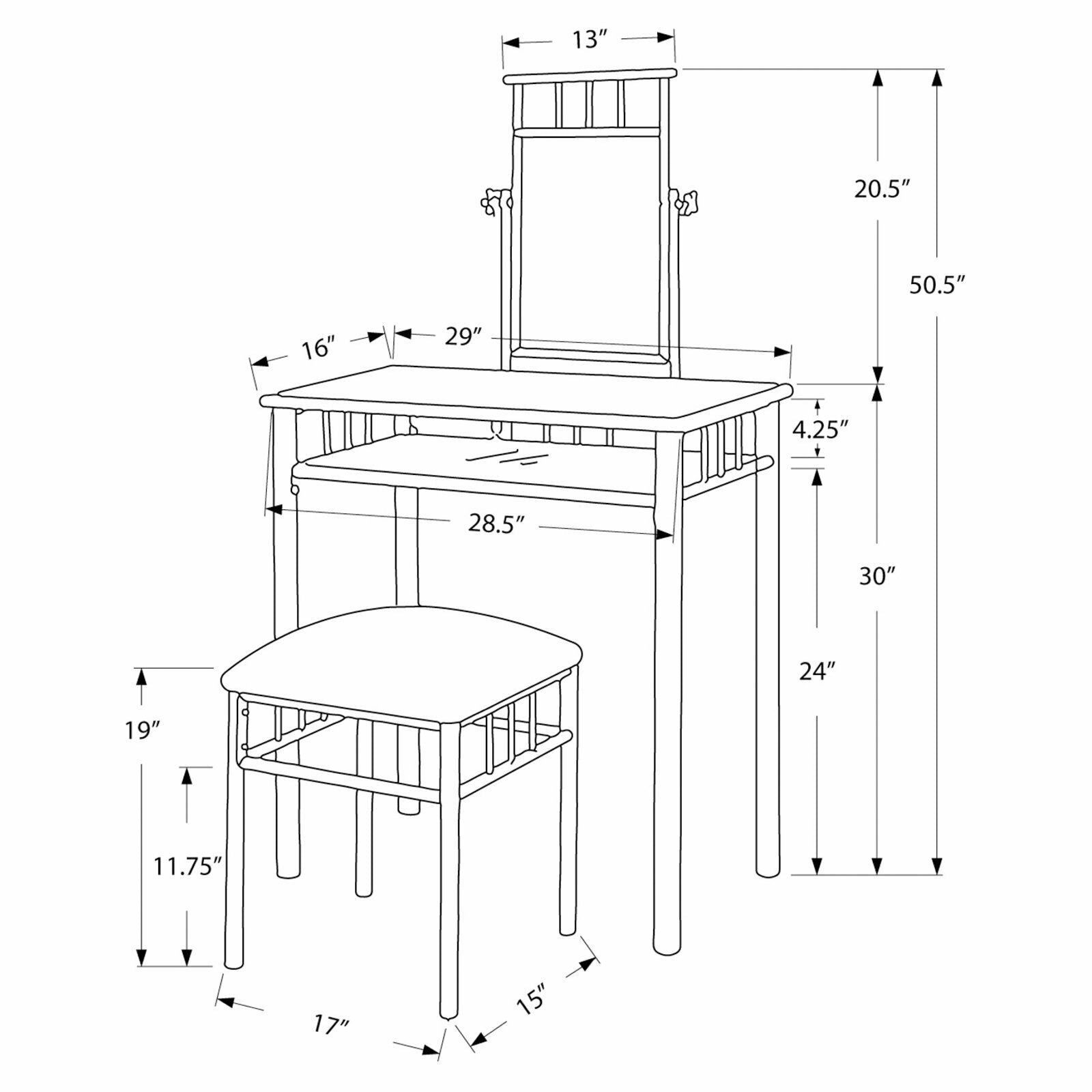 Monarch Specialties Grey Marble Like Makeup Vanity Dressing Table Set I3062