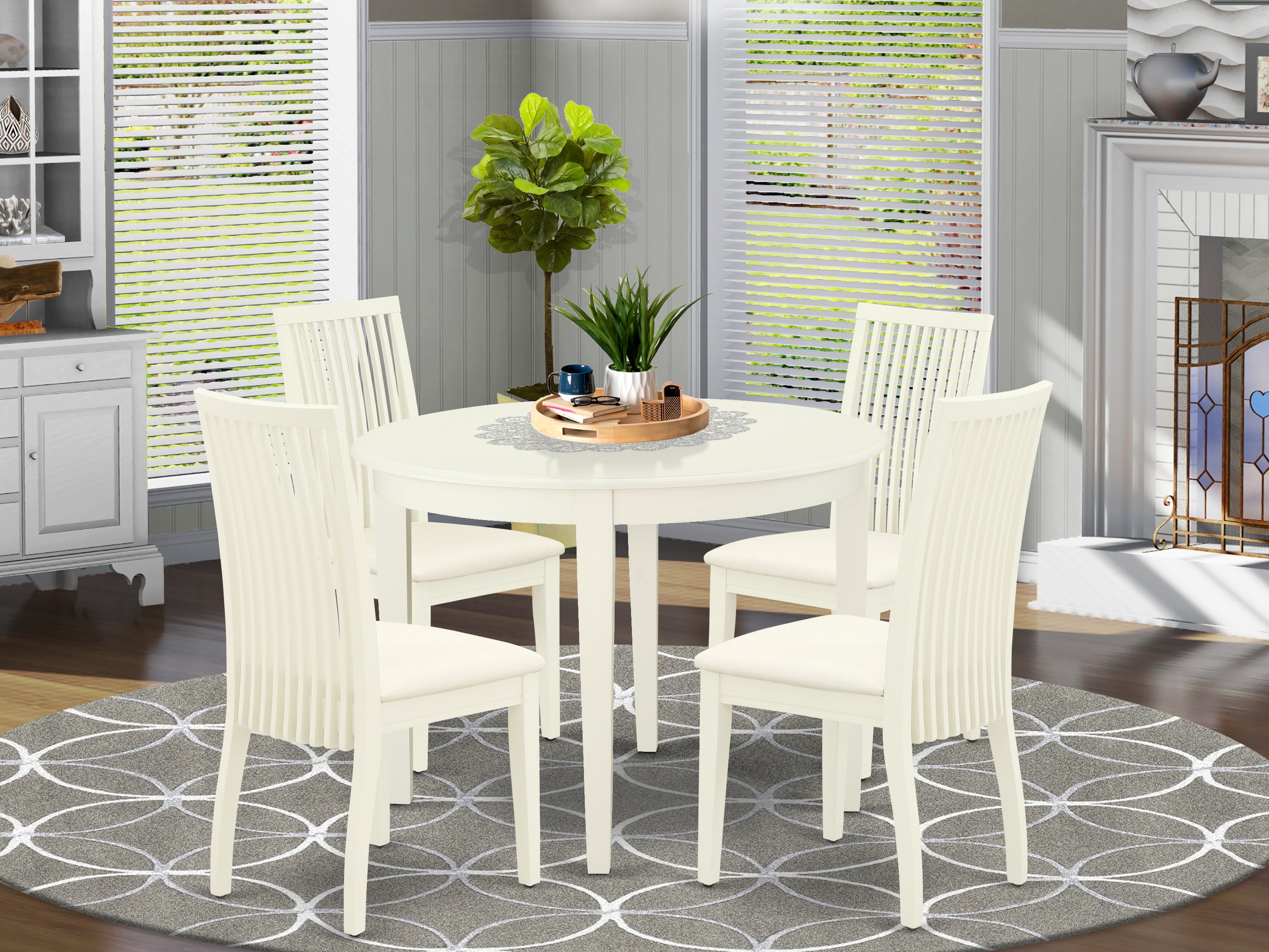 BOIP5-WHI-C 5Pc Dining Set Includes a Round Dinette Table and Four Microfiber Seat Dining Chairs, White Finish