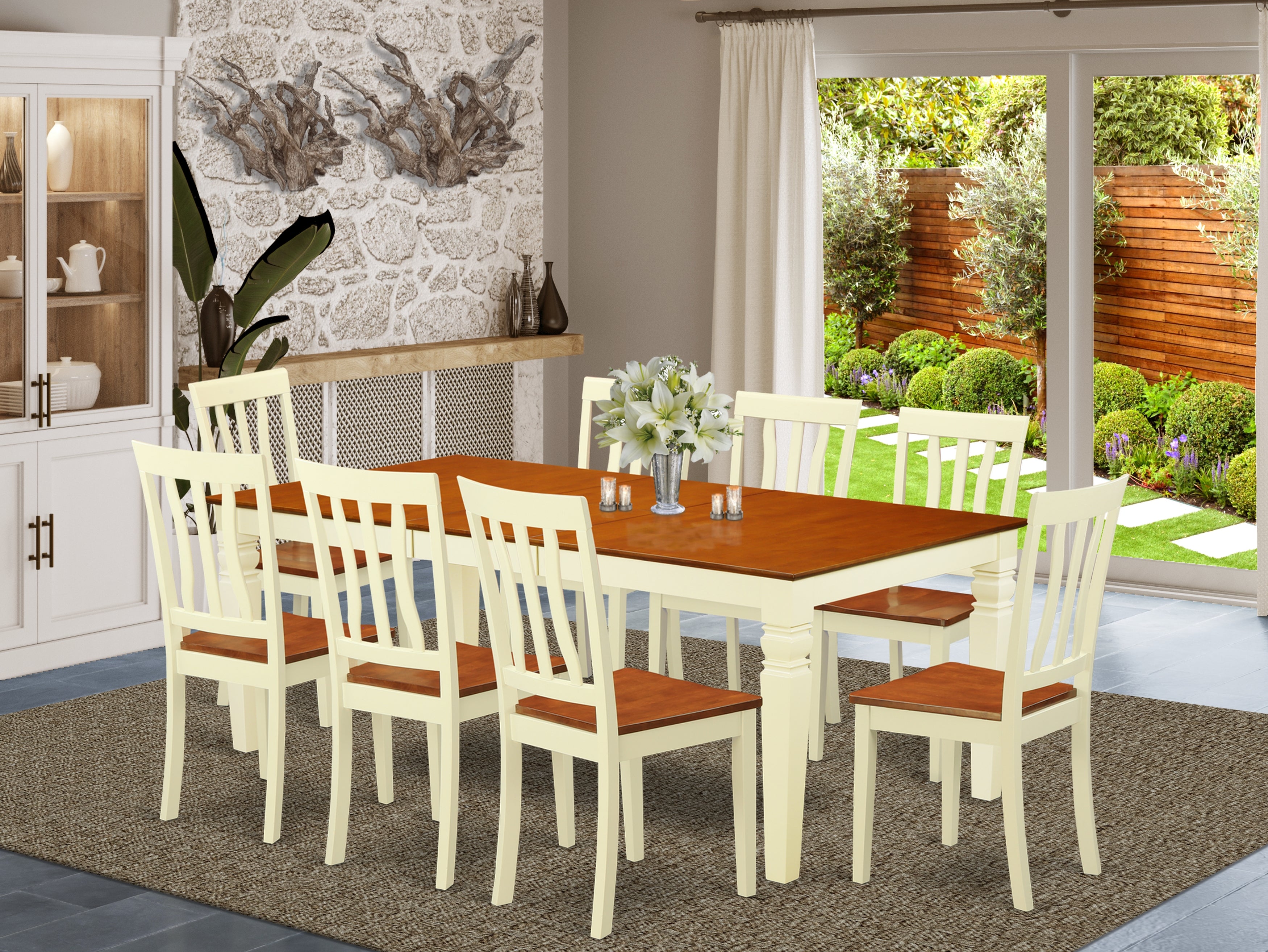 LGAN9-BMK-W 9 Pc Dinette set with a Dining Table and 8 Kitchen Chairs in Buttermilk and Cherry