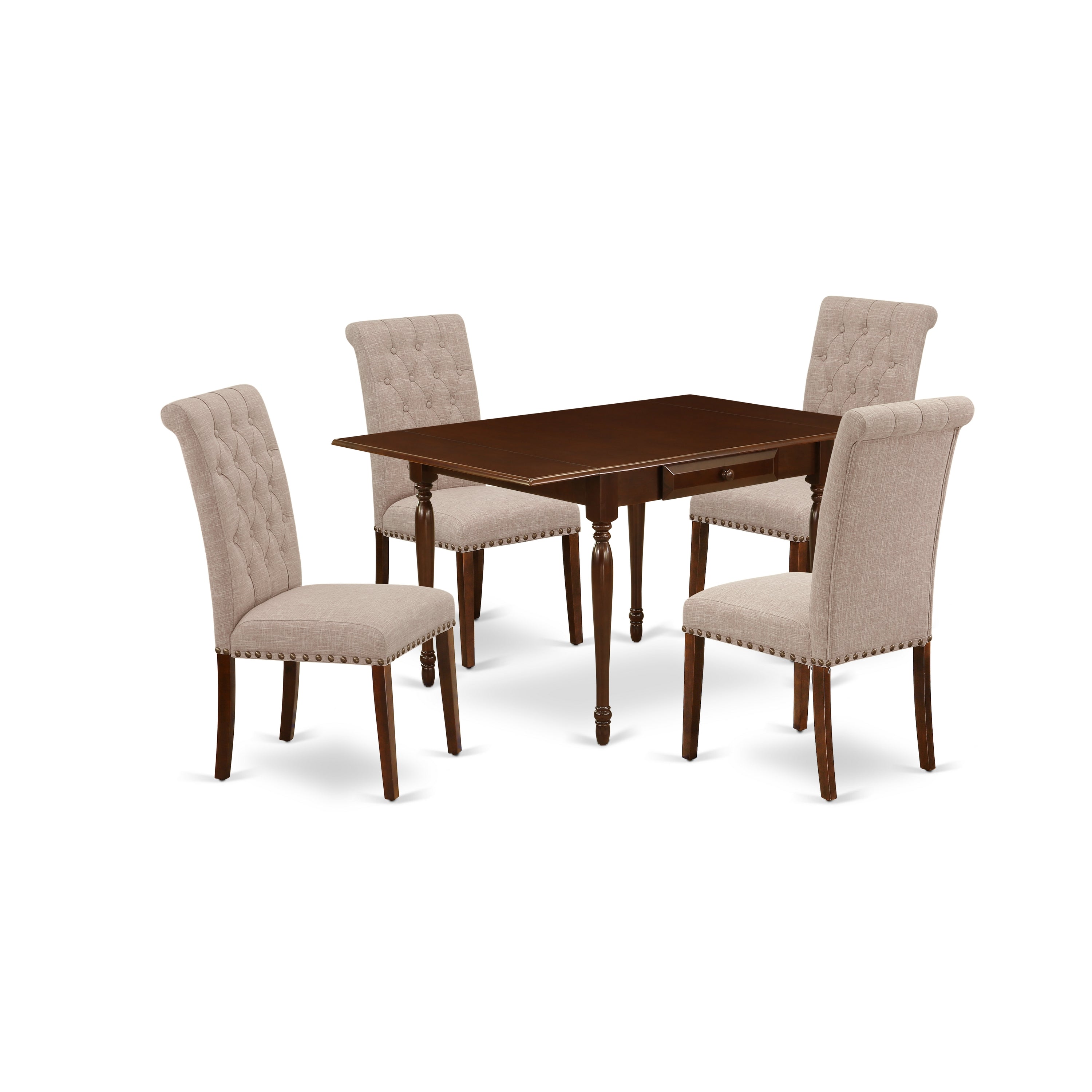 East West Furniture MZBR5-MAH-04 5Pc Kitchen Table Set Contains a Modern Dining Table and 4 Parson Dining Chairs with Light Fawn Color Linen Fabric, Drop Leaf Table with Full Back Chairs, Mahogany Finish