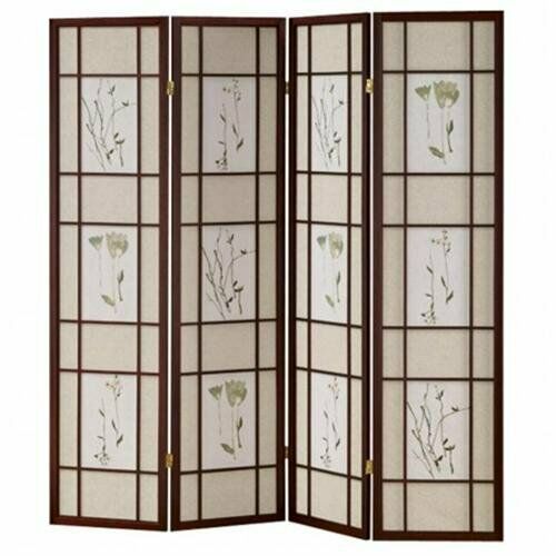 4 Panel Cherry Floral Accent Folding Privacy Screen Hardwood Frame Room Divider