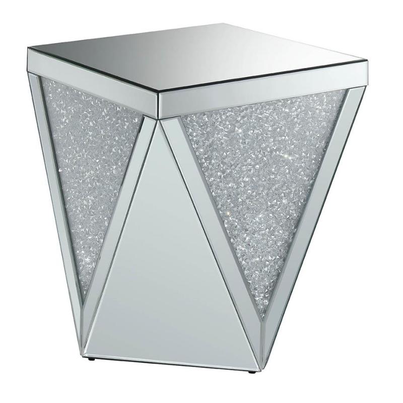 Square End Table With Triangle Detailing Silver And Clear Mirror