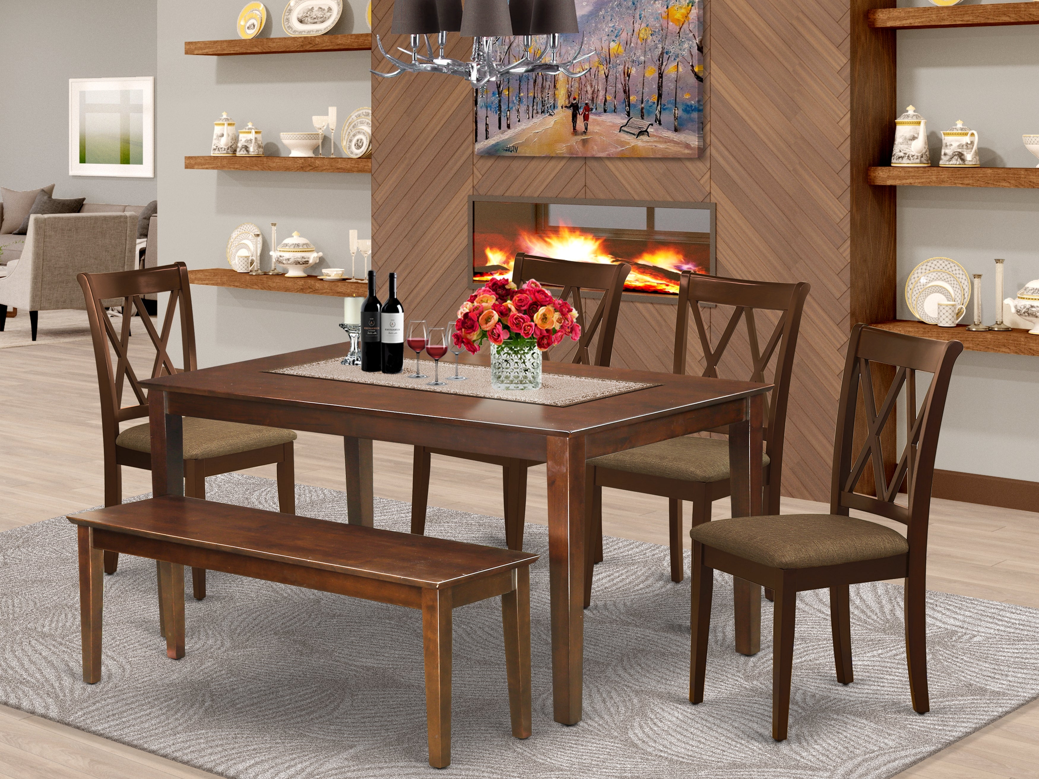 CACL6-MAH-C 6Pc Dining Set Includes a Rectangle Dinette Table and Four Double X Back Microfiber Seat Kitchen Chairs and a Bench, Mahogany Finish