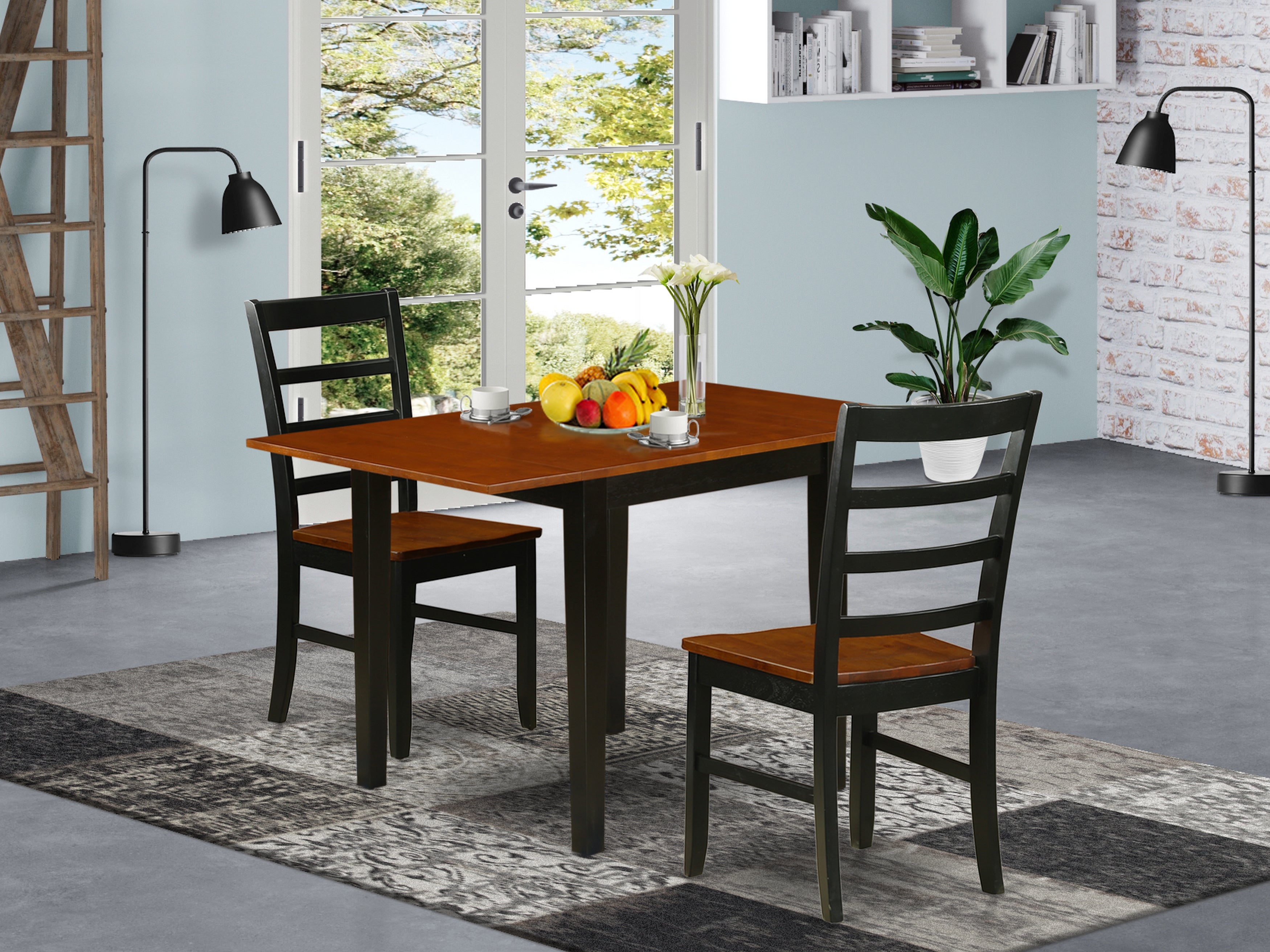 East West Furniture NDPF3-BCH-W 3-Pc Dining Table Set Includes a Small Table and 2 Kitchen Chairs with Solid Wood Seat and Ladder Back, Black and Cherry Finish