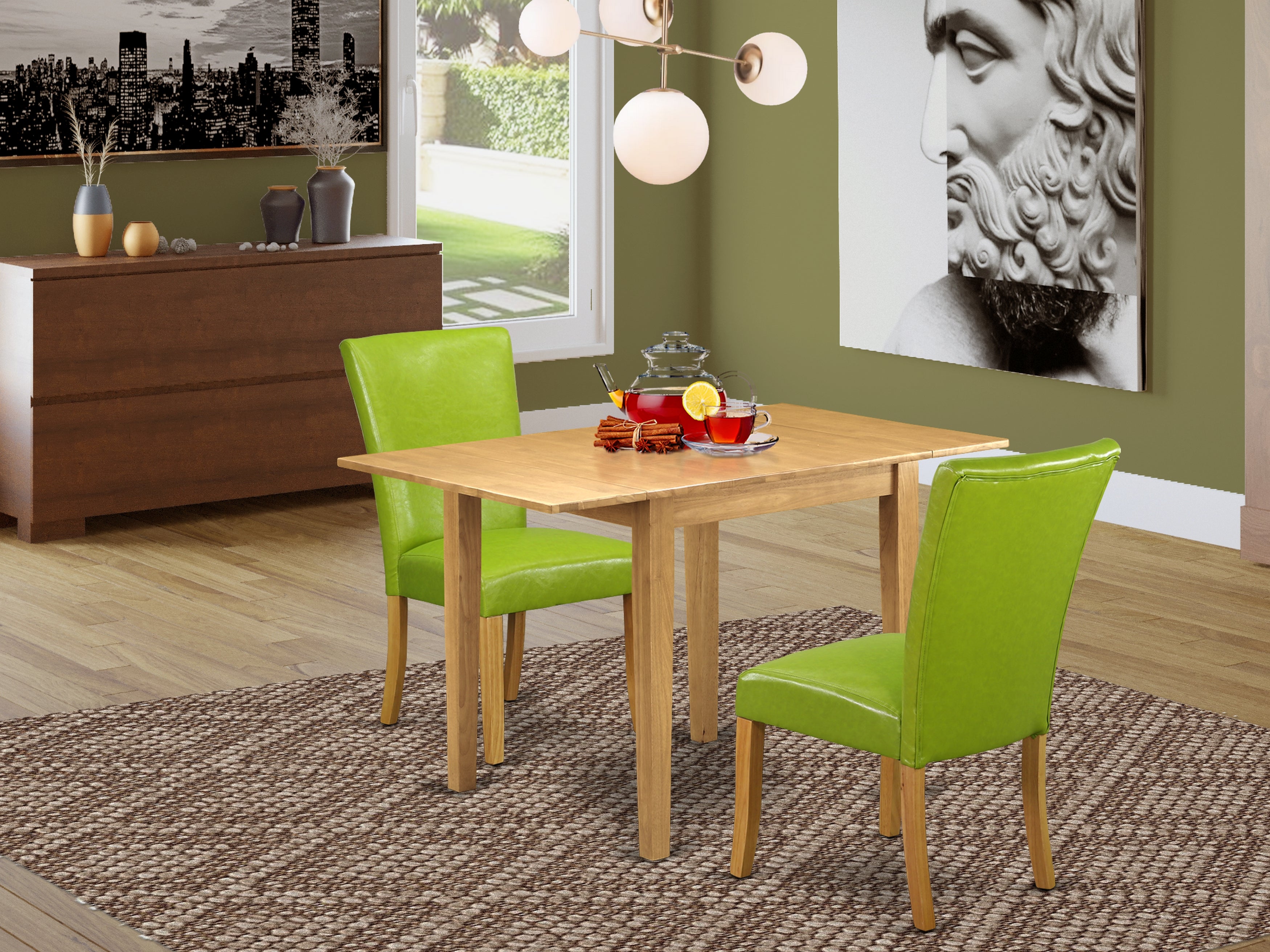 East West Furniture NDAL3-OAK-51 Dining Room Table Set 3 Pc - 2 Parson Dining Chairs and a Wooden Table - Oak Finish Solid wood - Autumn green Color Pu Leather