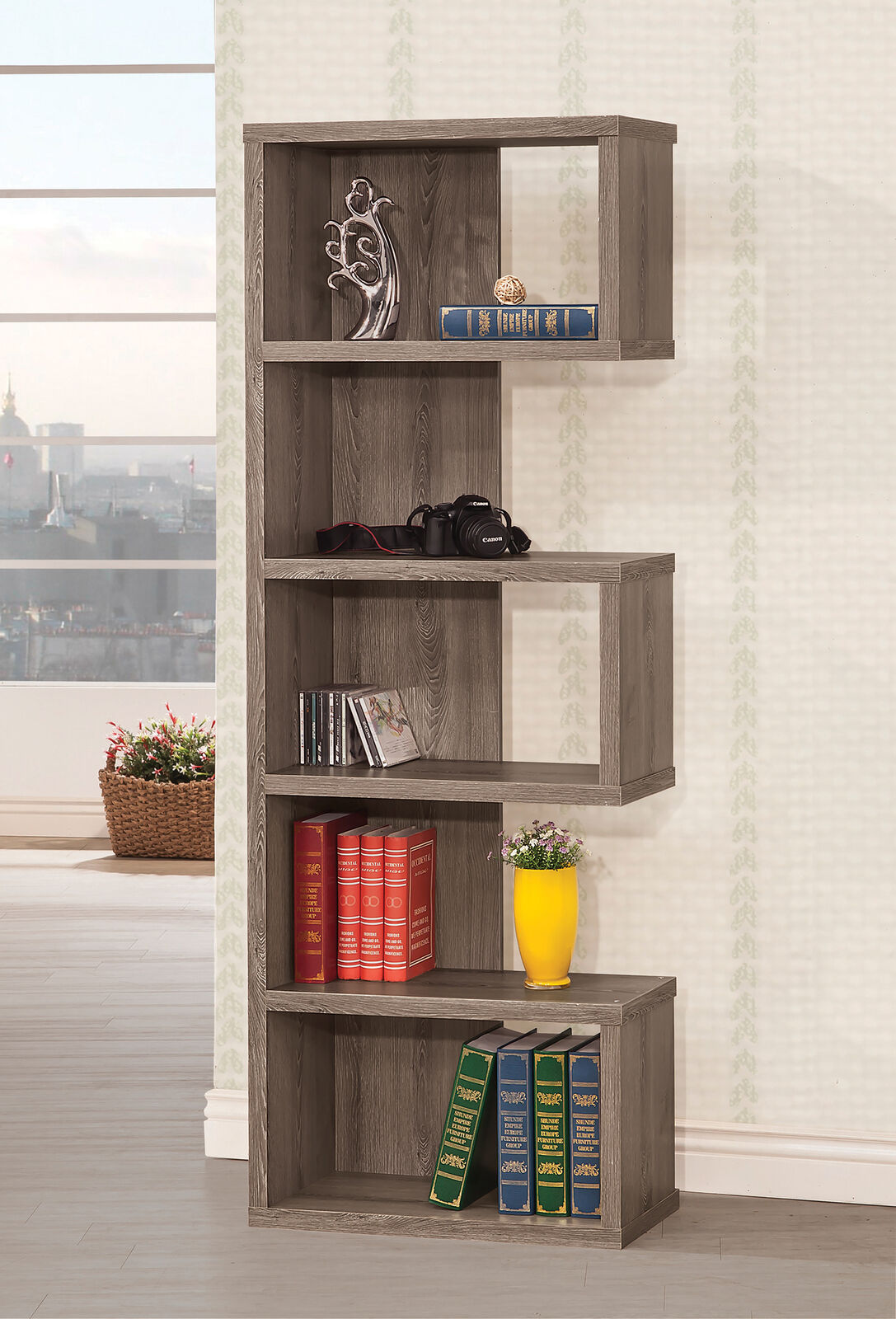 Coaster 5-Tier Semi-Backless Bookcase Shelf Weathered Grey Gray 800552